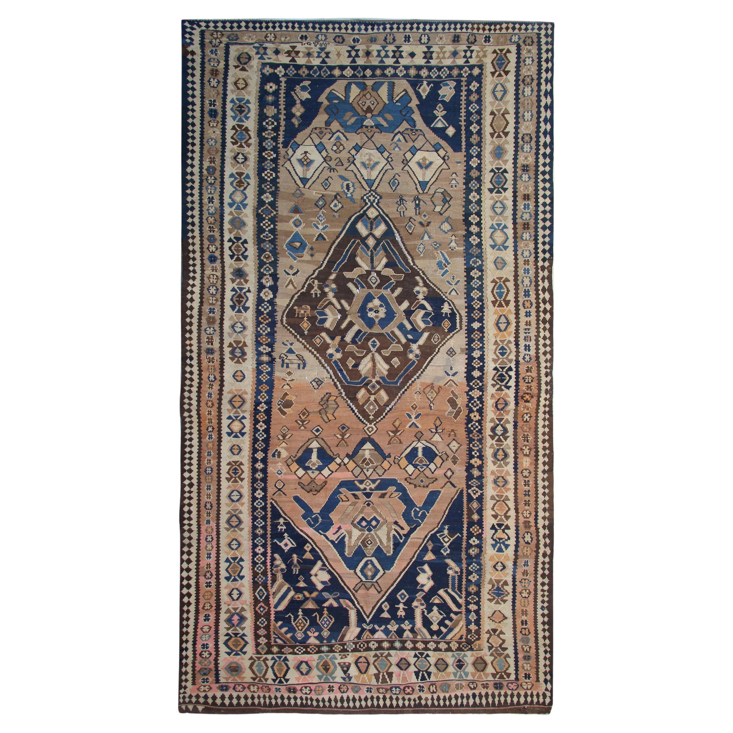 Brown Wool Kilim Rug Antique Carpet Traditional Flat-Woven Area Rug For Sale