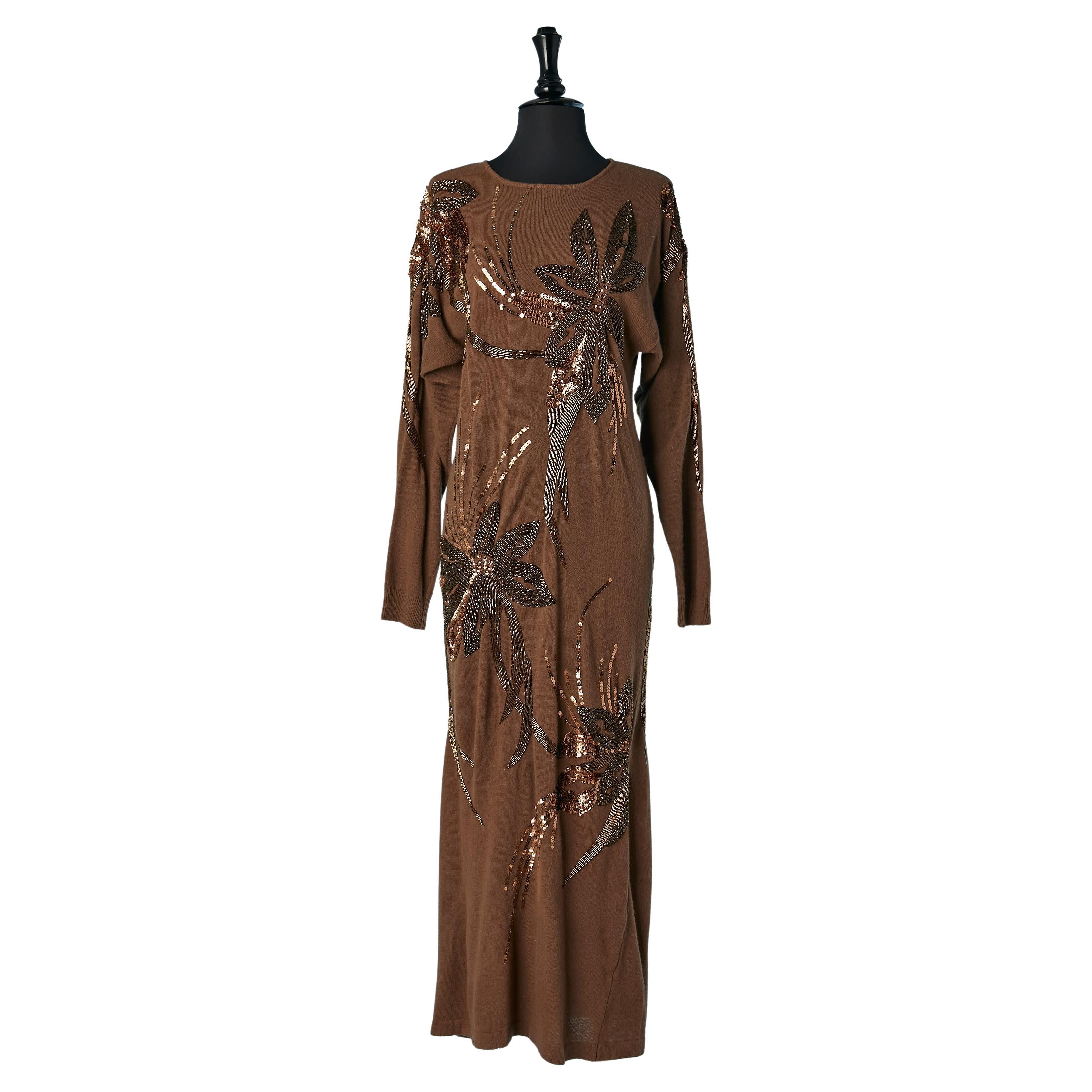 Brown wool knit dress with sequin and beads embroideries Nancy Johnson  For Sale