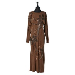 Brown wool knit dress with sequin and beads embroideries Nancy Johnson 