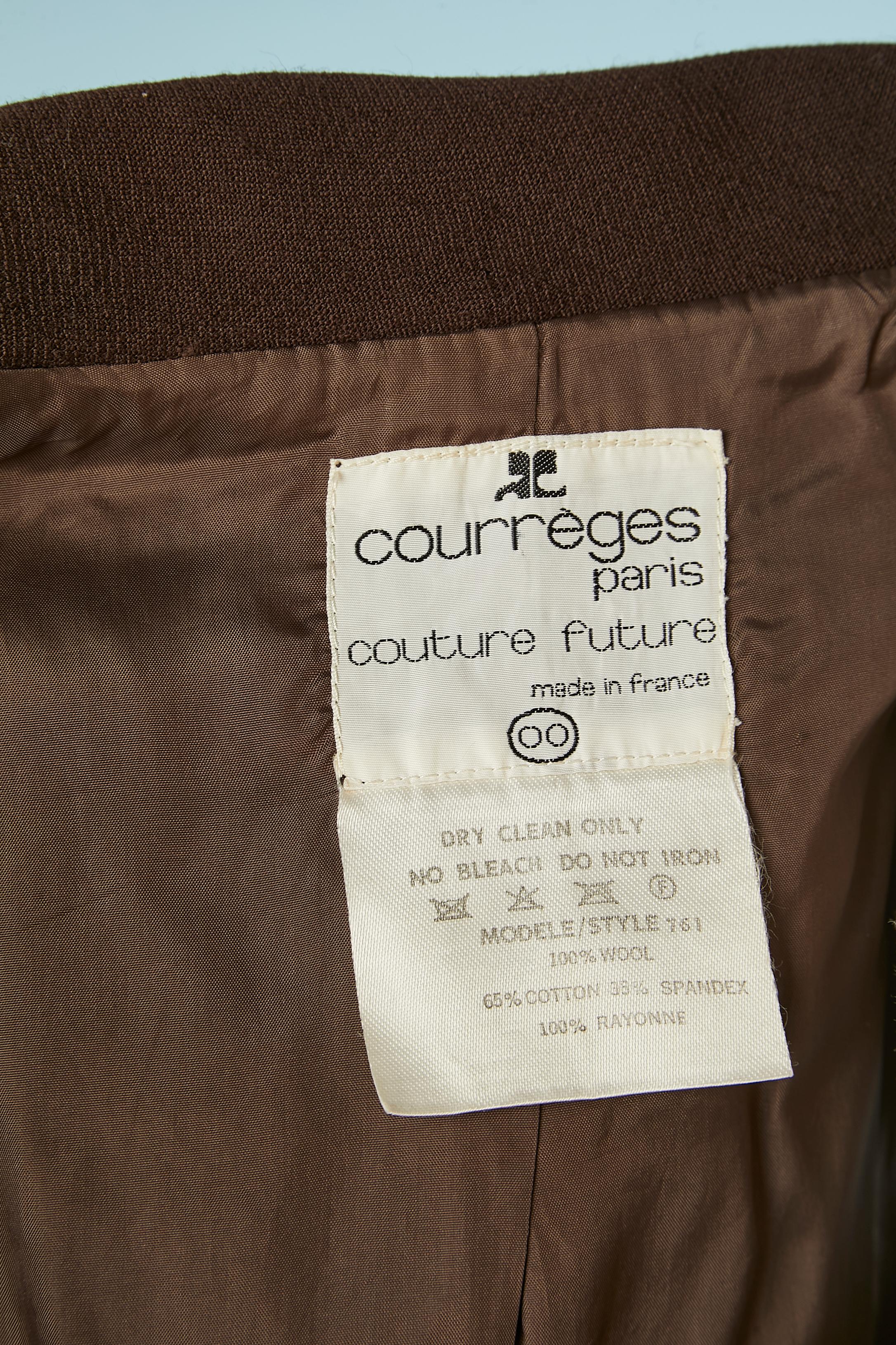 Brown wool skirt-suit and black piping Courrèges Paris Couture Future Circa 1970 For Sale 2