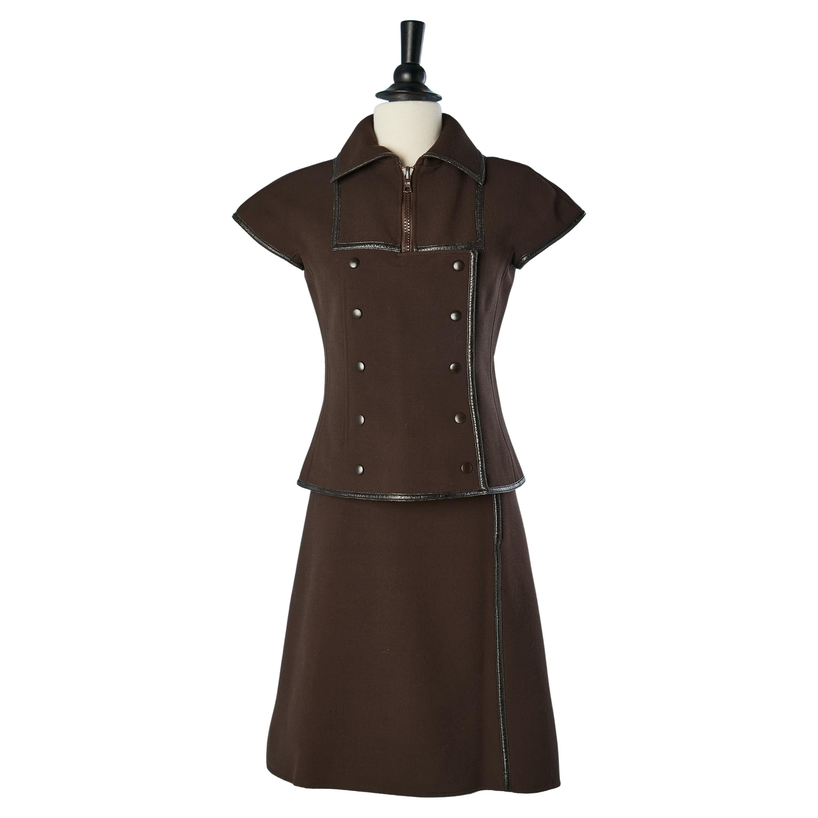 Brown wool skirt-suit and black piping Courrèges Paris Couture Future Circa 1970 For Sale
