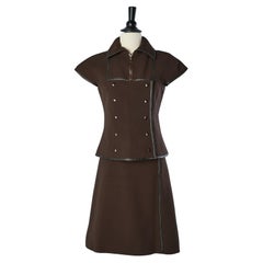 Retro Brown wool skirt-suit and black piping Courrèges Paris Couture Future Circa 1970