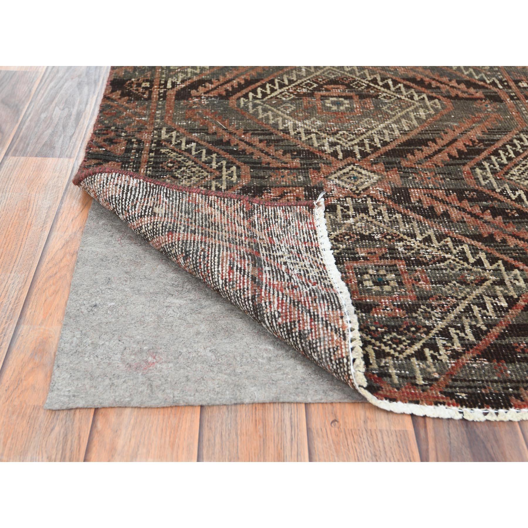 Medieval Brown Worn Down Wool Hand Knotted Bohemian Vintage Persian Baluch Runner Rug