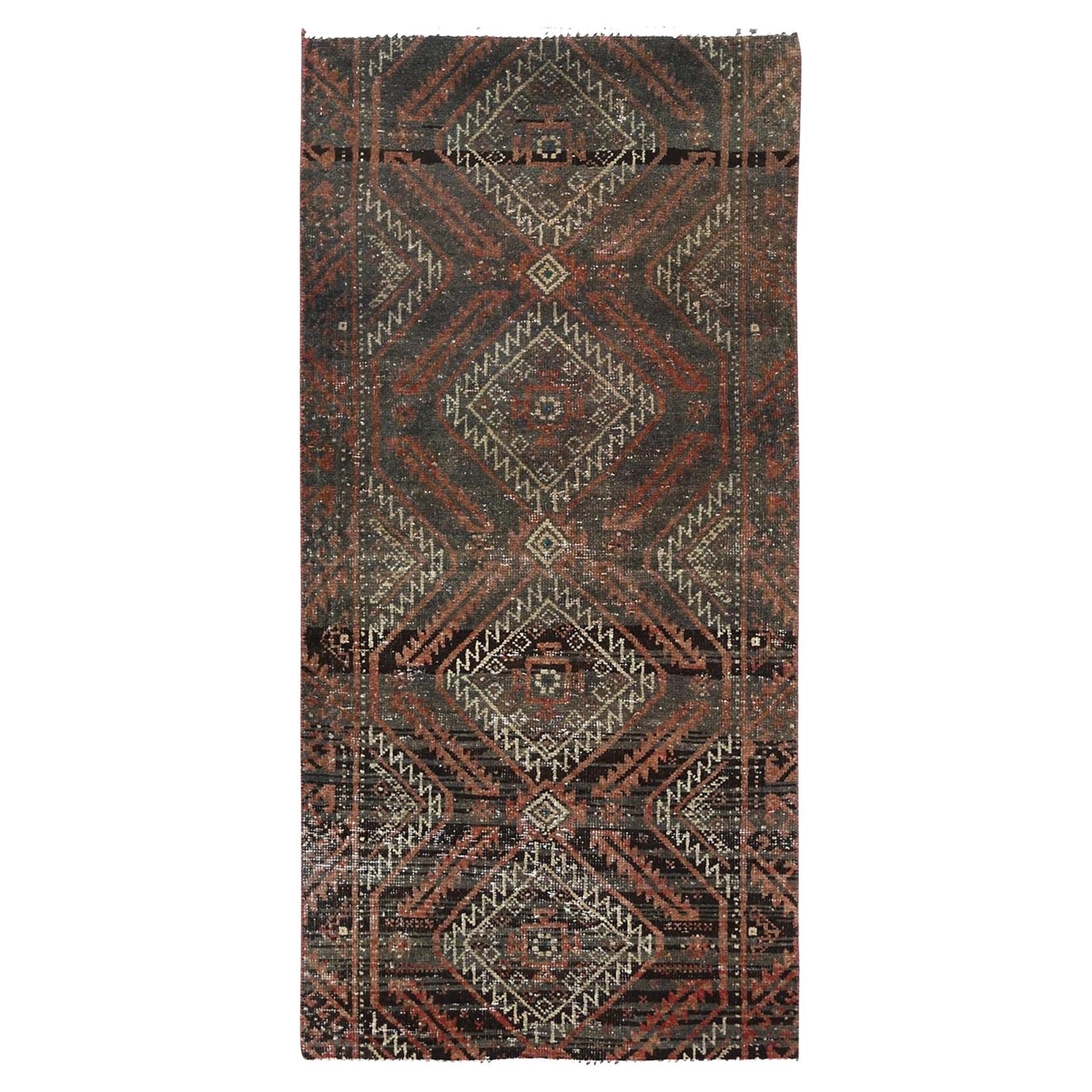 Brown Worn Down Wool Hand Knotted Bohemian Vintage Persian Baluch Runner Rug