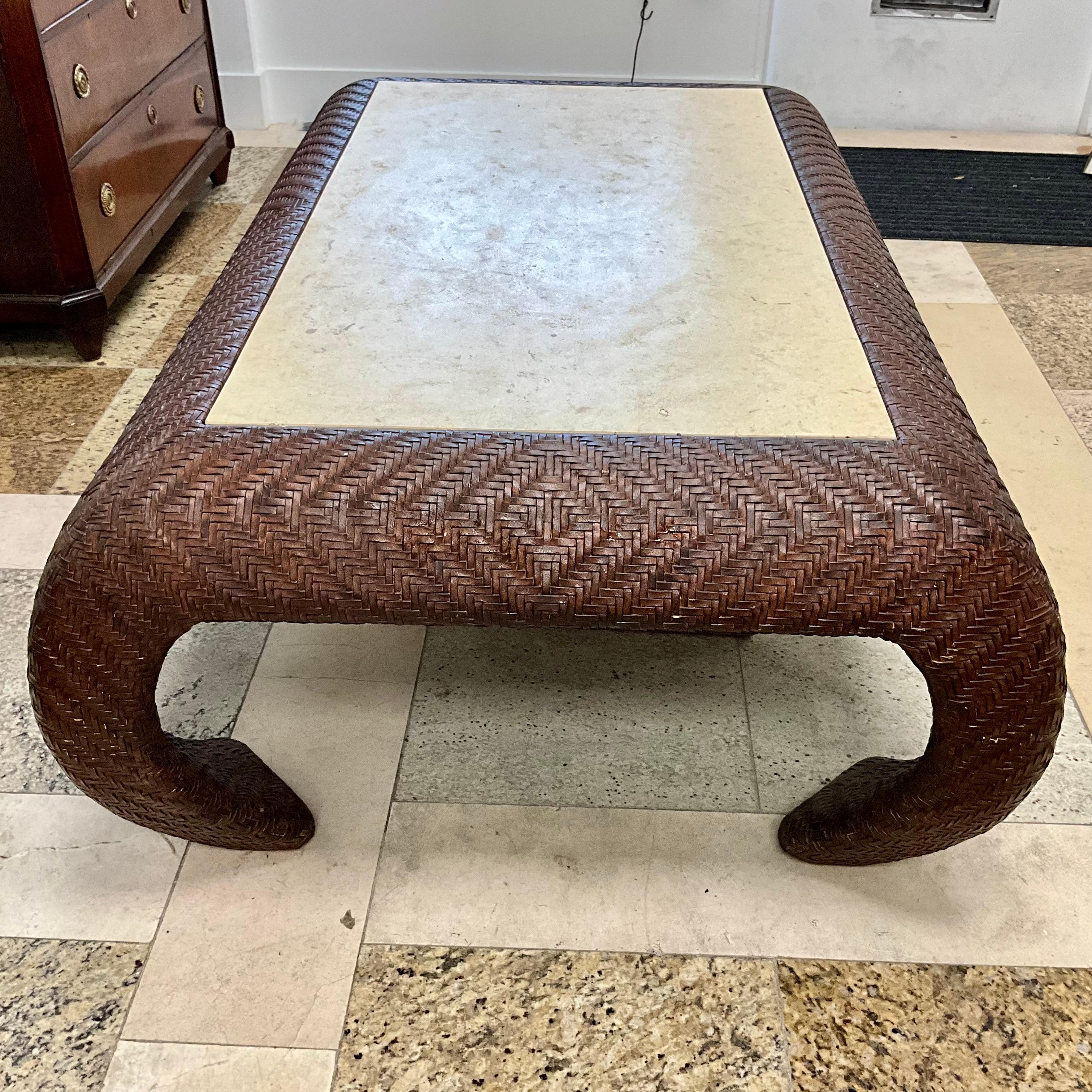 Hand-Crafted Brown Woven Leather with Shellstone Top Ming Style Coffee Table For Sale