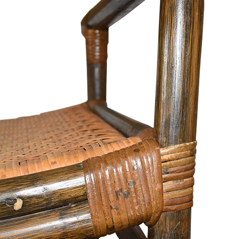 Mid-Century Modern Brown Woven Rattan, Bamboo and Cane Safari Chair with Arms by Mcguire