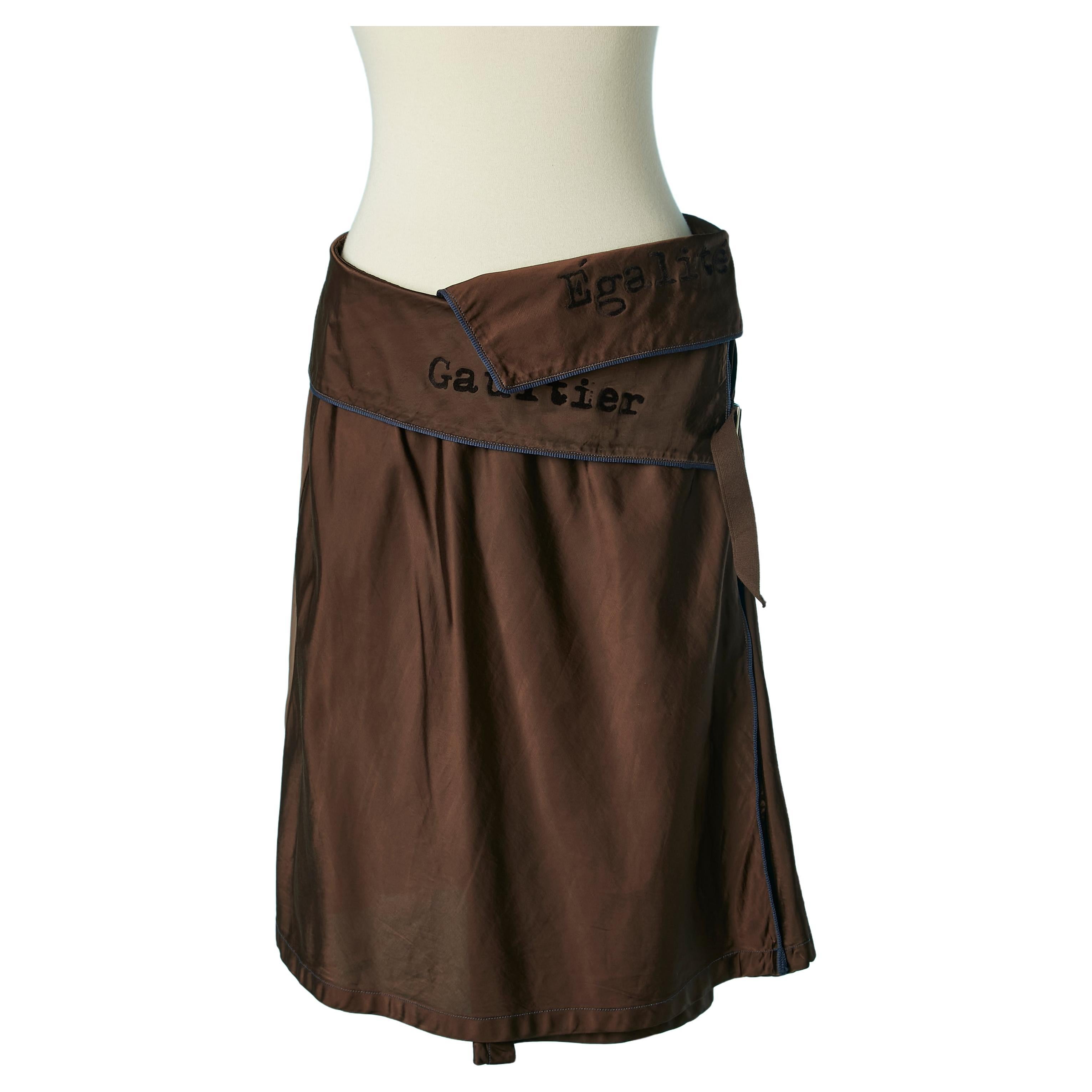 Brown wrap skirt with black writing on Gaultier Jeans  For Sale