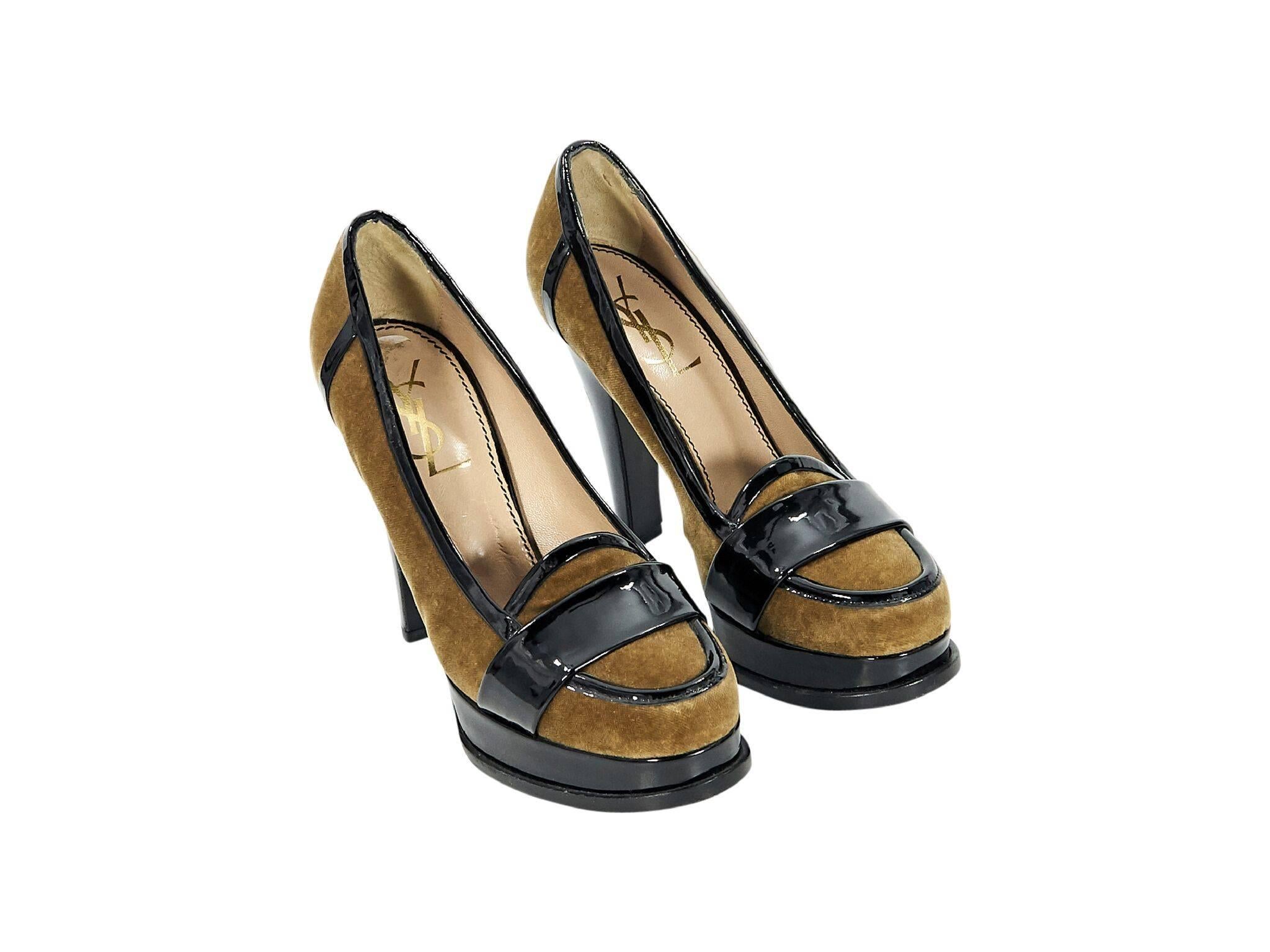 Product details:  Brown velvet platform loafer pumps by Yves Saint Laurent.  Trimmed with black patent leather.  Round moc toe.  Slip-on style. 
Condition: Pre-owned. Very good. 
Est. Retail $598