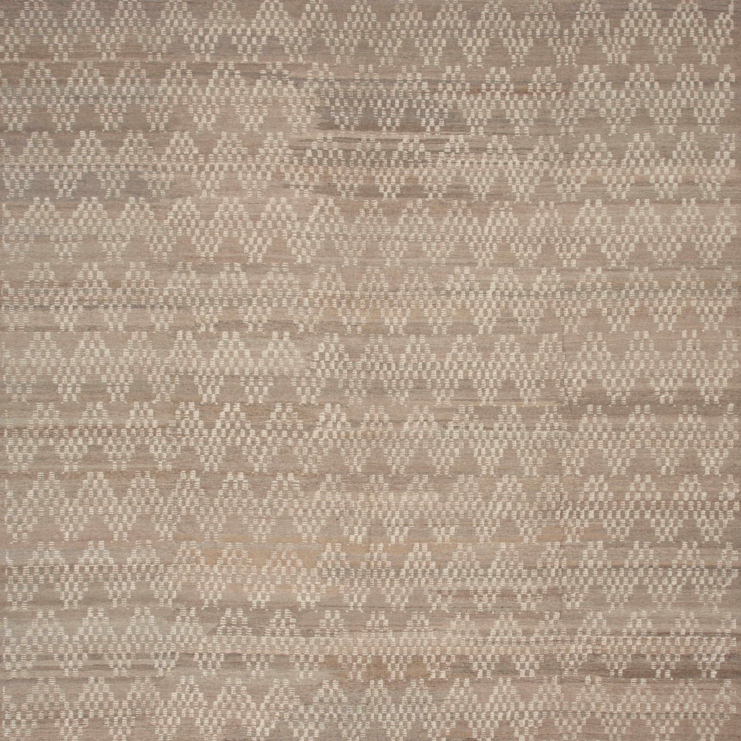 Inspired by the grounding foundations of Earth's natural colors and pure materials, this Zameen Brown Geometric Modern Wool Rug - 13'8