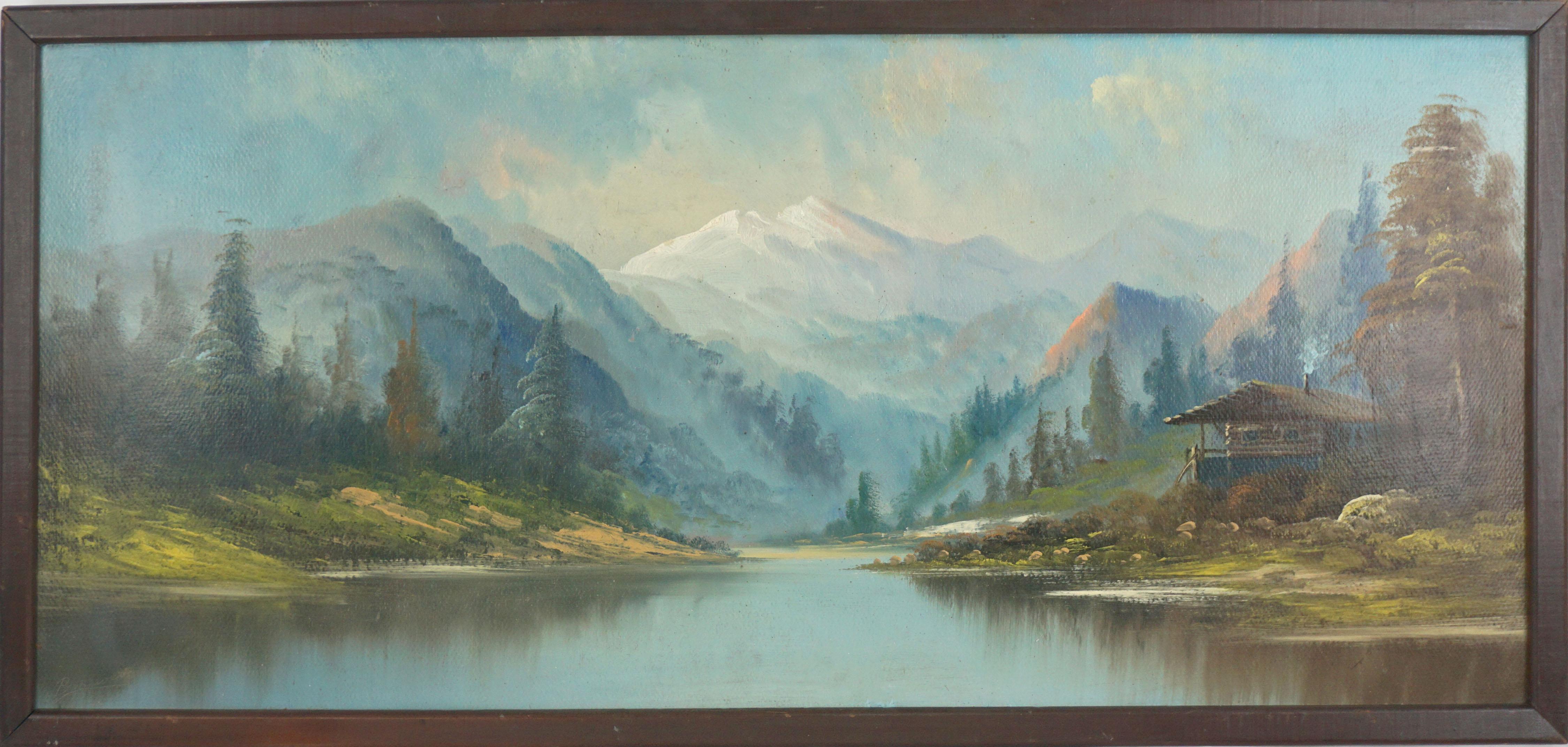 Browne Landscape Painting - Sierra Mountains Truckee River with Log Cabin Mid Century Landscape