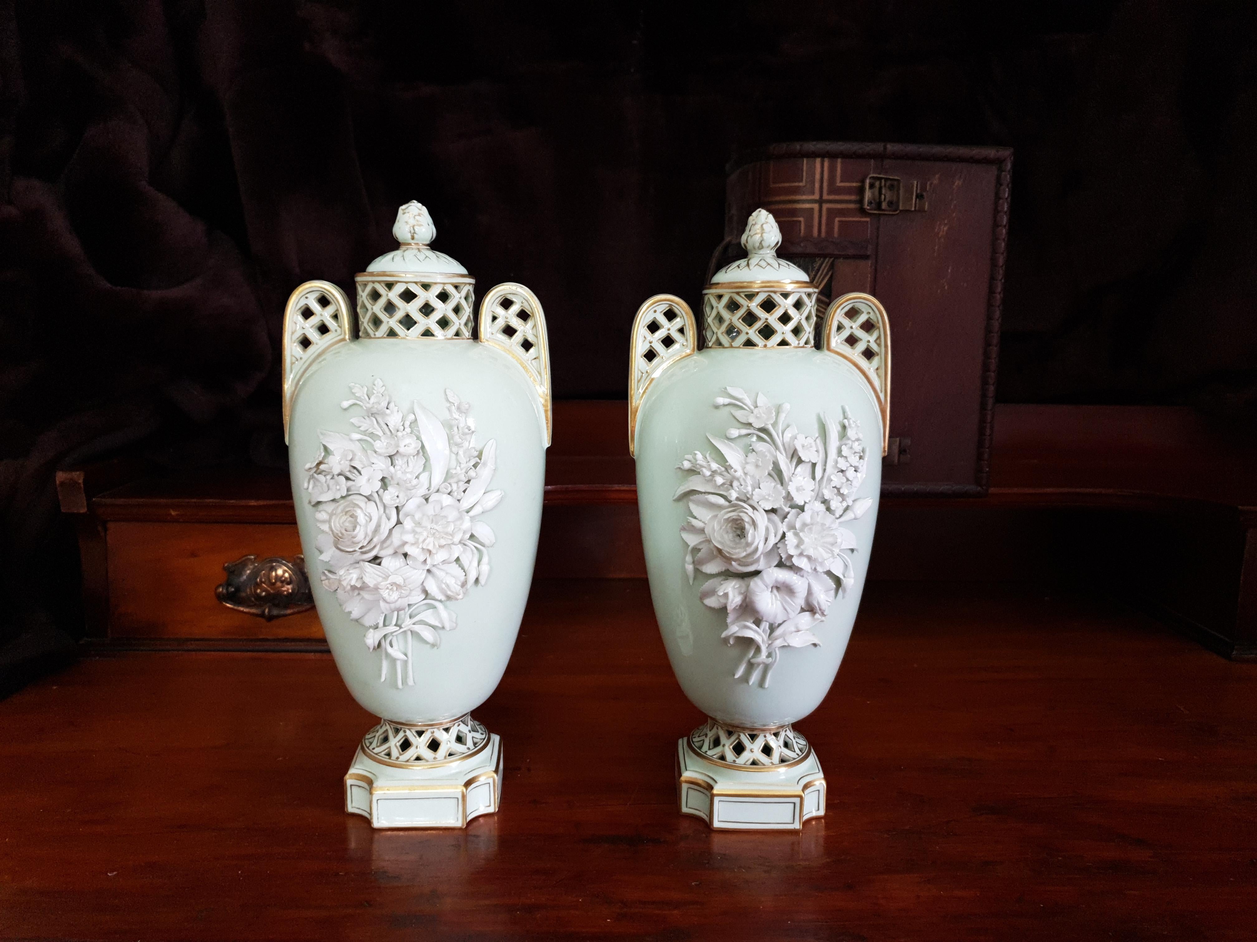 British Mint Green 19th Century William Brownfield Encrusted Reticulated Floral Vases For Sale