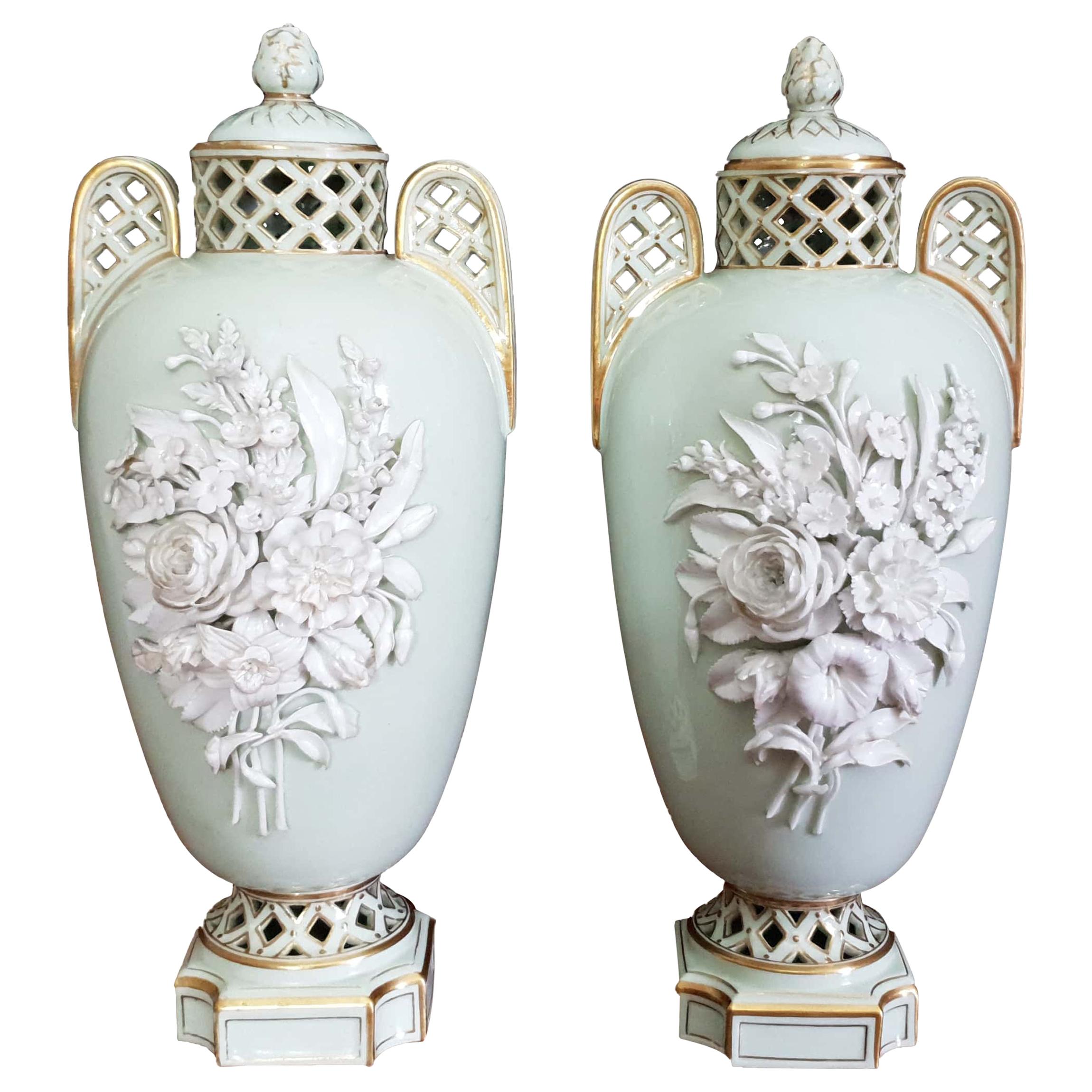 Mint Green 19th Century William Brownfield Encrusted Reticulated Floral Vases For Sale