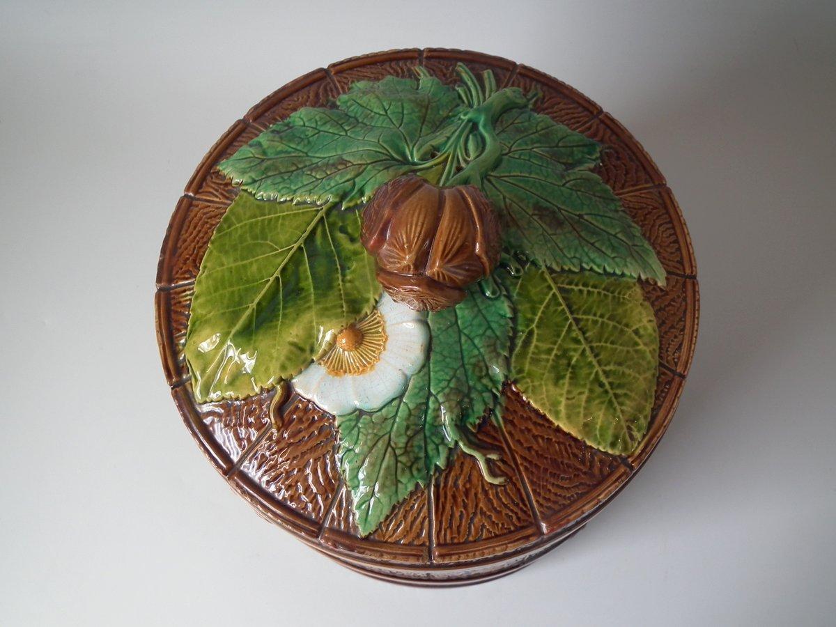 English Brownfield Majolica Chestnut Cheese Dome & Stand For Sale