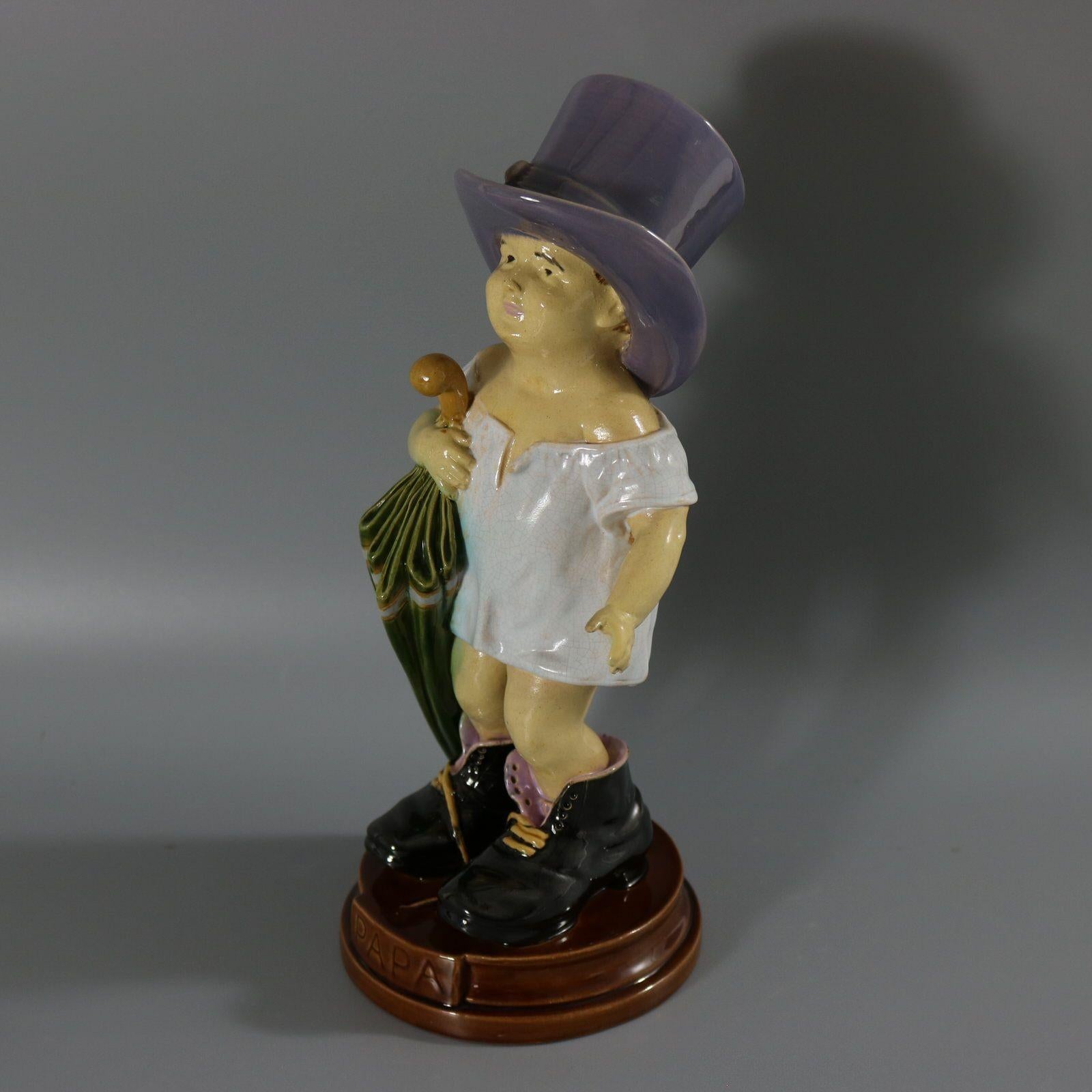 Victorian Brownfield Majolica Figure of a Child, Titled PAPA For Sale