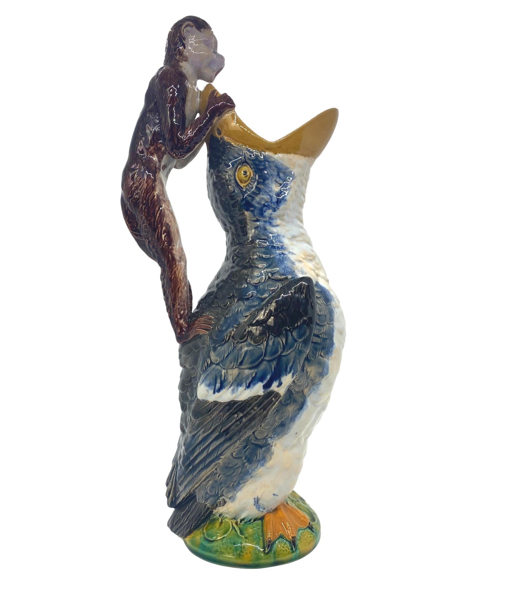 William Brownfield Majolica Monkey and Duck Pitcher, English, dated April 1876, signed with impressed maker's mark, 'BROWNFIELD.' Crisply detailed molding with beautifully vivid colored majolica glazes, this piece embodies the highest quality,
