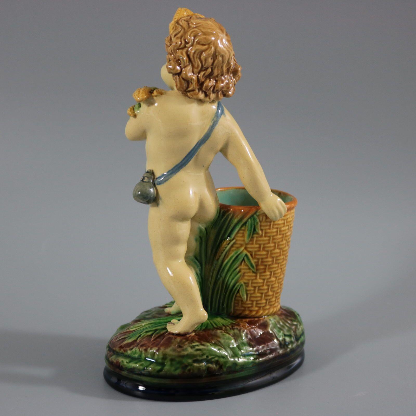 Victorian Brownfield Majolica Putti Figural Posy Vase For Sale