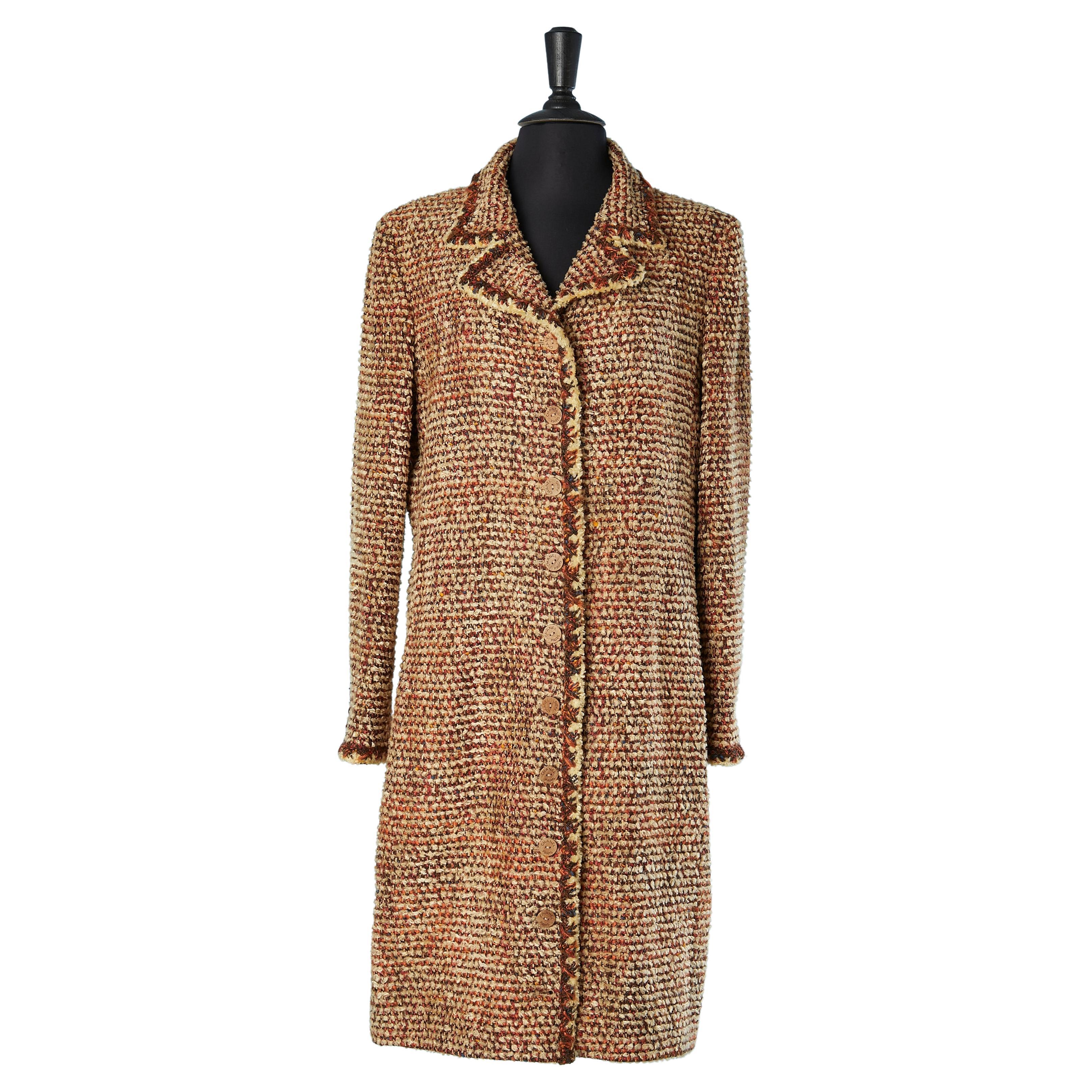 Brownish tweed single breasted coat with branded wood buttons Chanel 