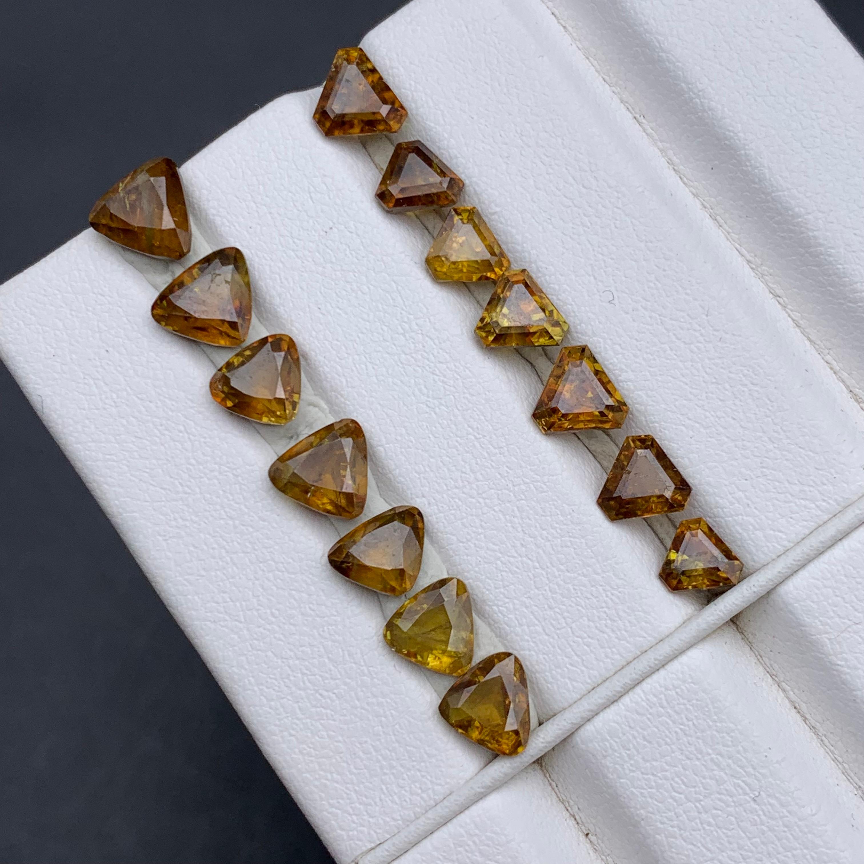 Pierres précieuses naturelles de taille trillion de 13,70 carats, jaune brunâtre en vente 2