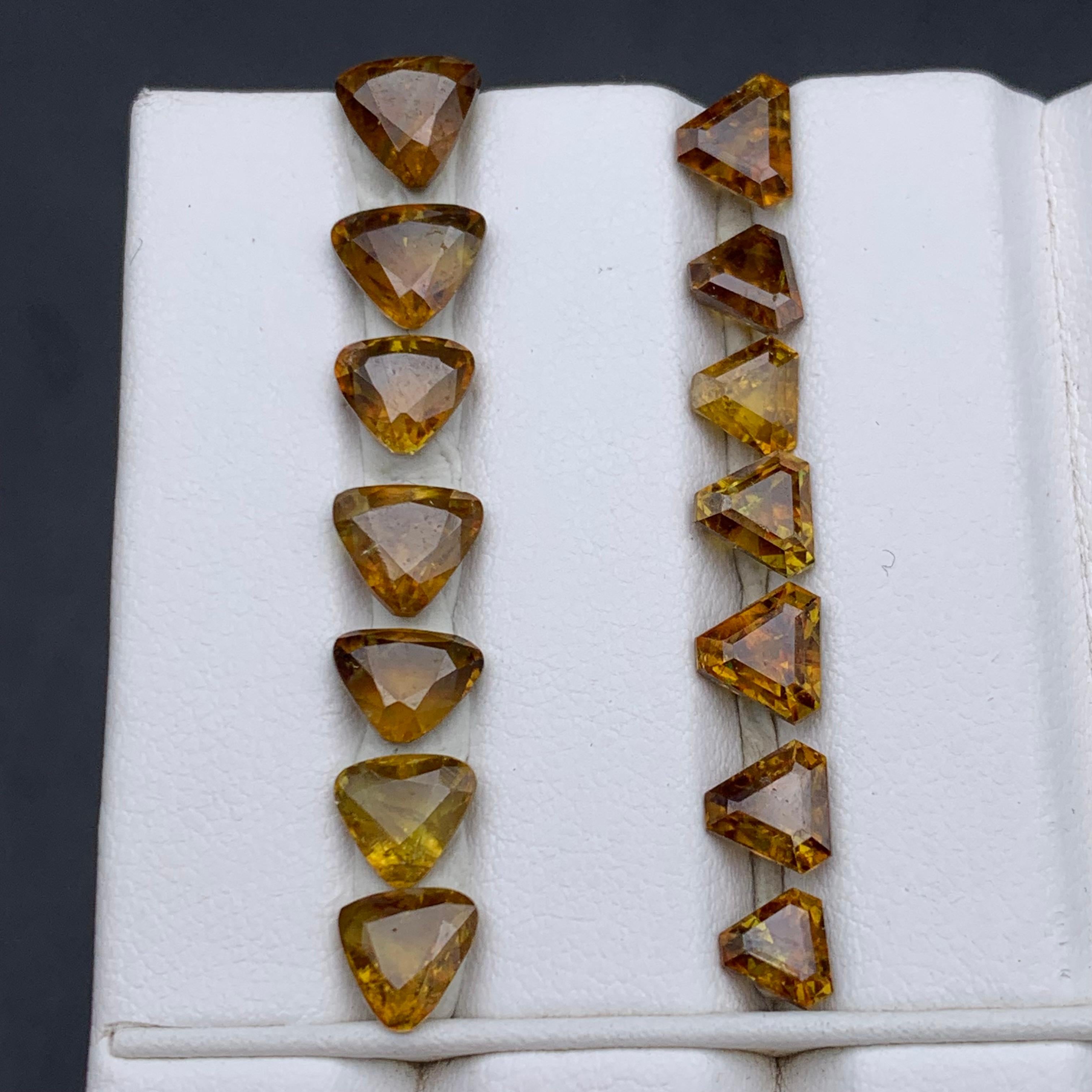 Pierres précieuses naturelles de taille trillion de 13,70 carats, jaune brunâtre en vente 3