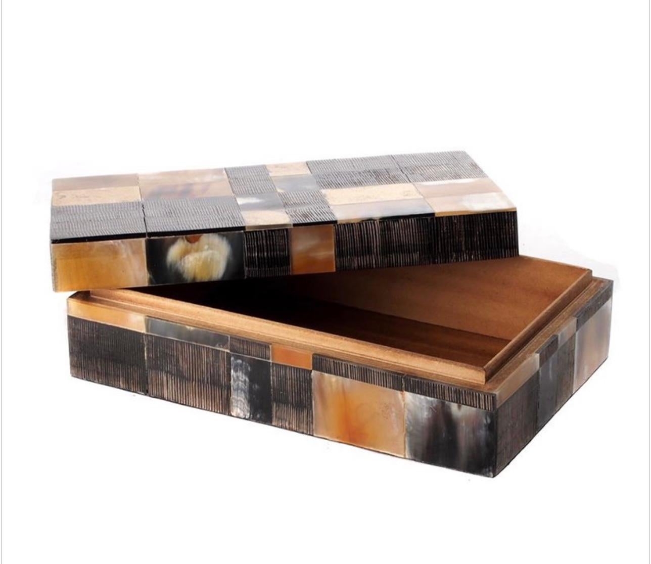 Contemporary from India patchwork of bone and horn squares decorative box with lid.
Arrival TBD.
 