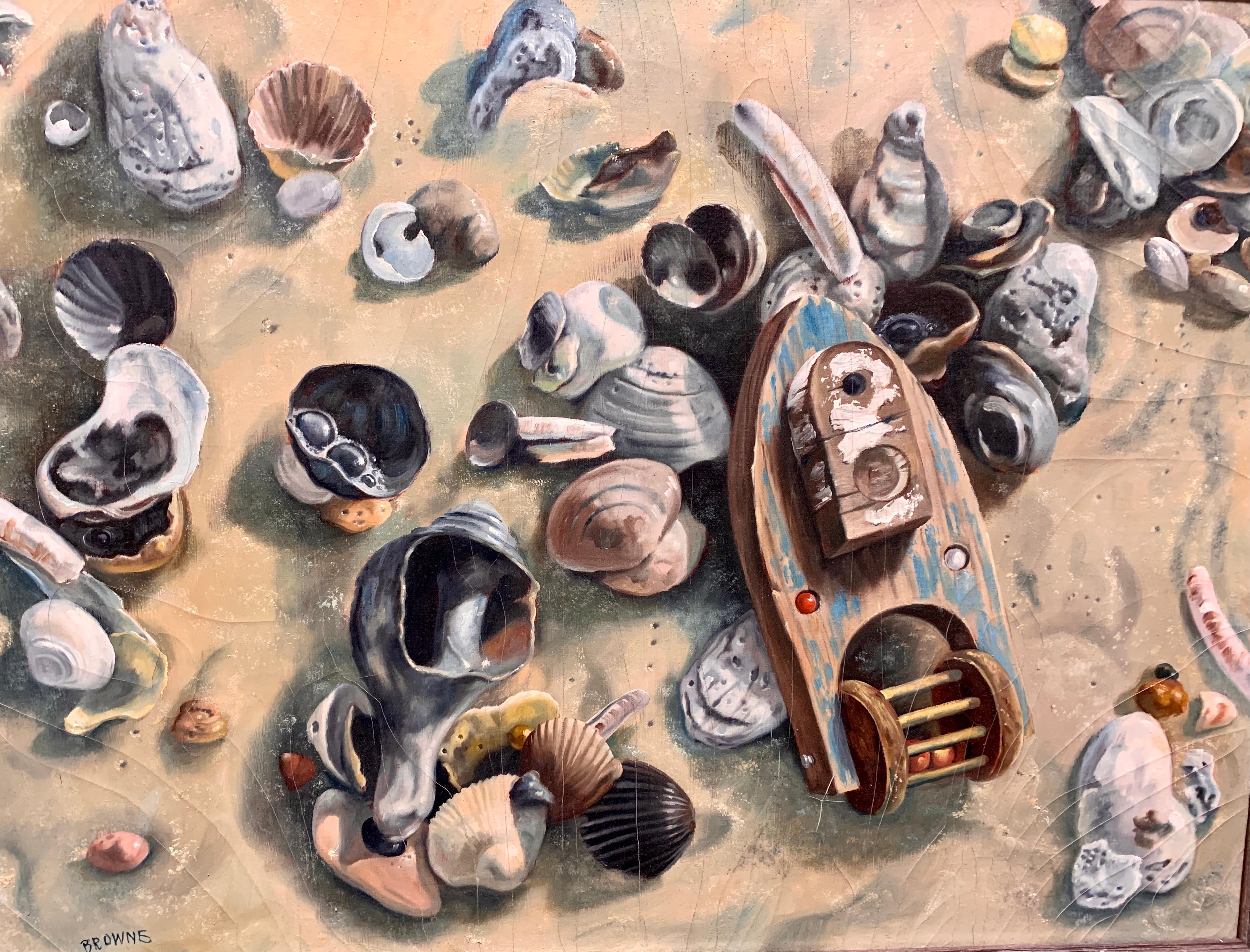 American oil painting, Still life of Sea Shells Late 20th Century - Painting by Unknown