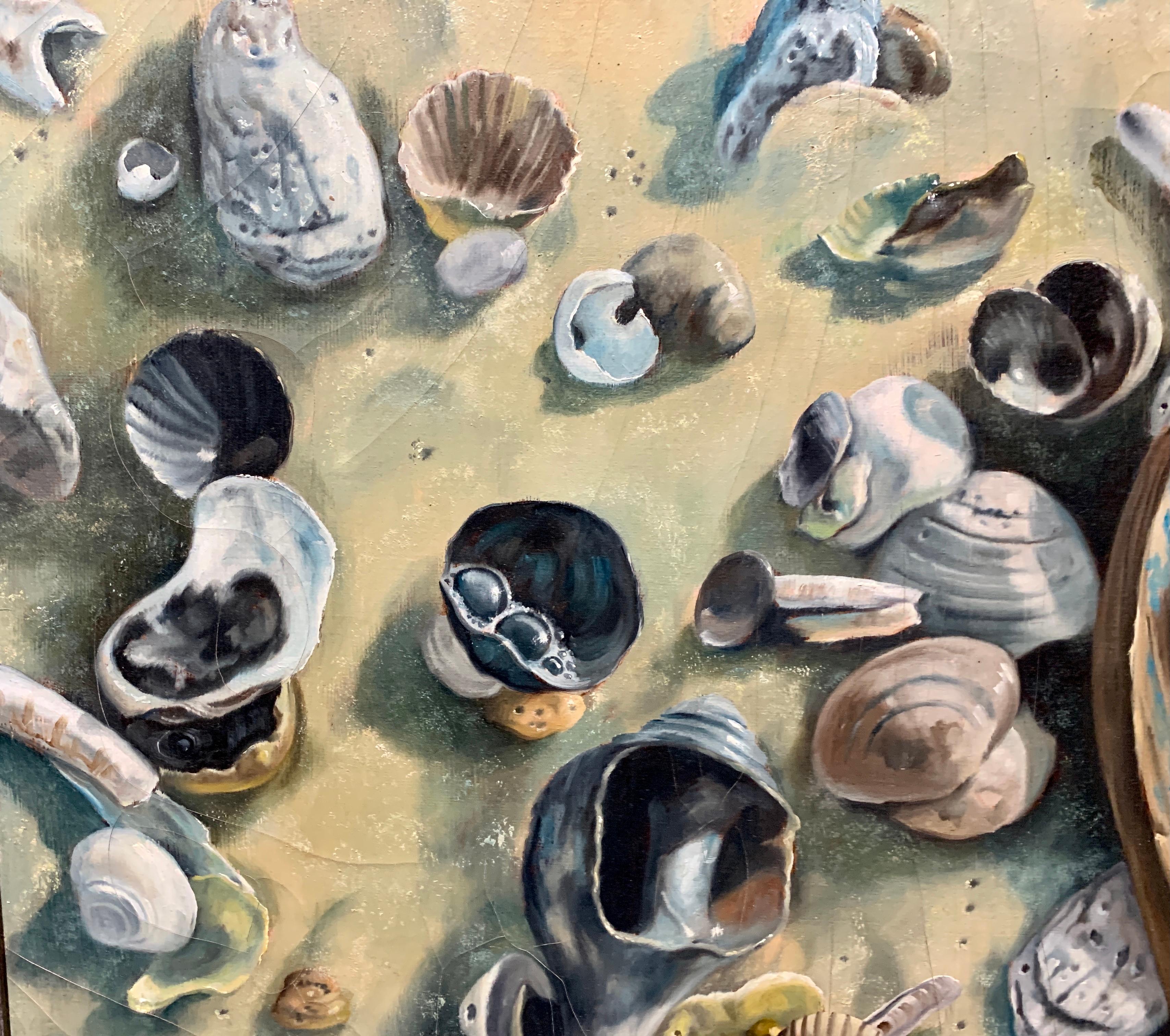 Peinture à l'huile américaine, nature morte de coquillages de mer, fin du XXe siècle - Gris Still-Life Painting par Unknown