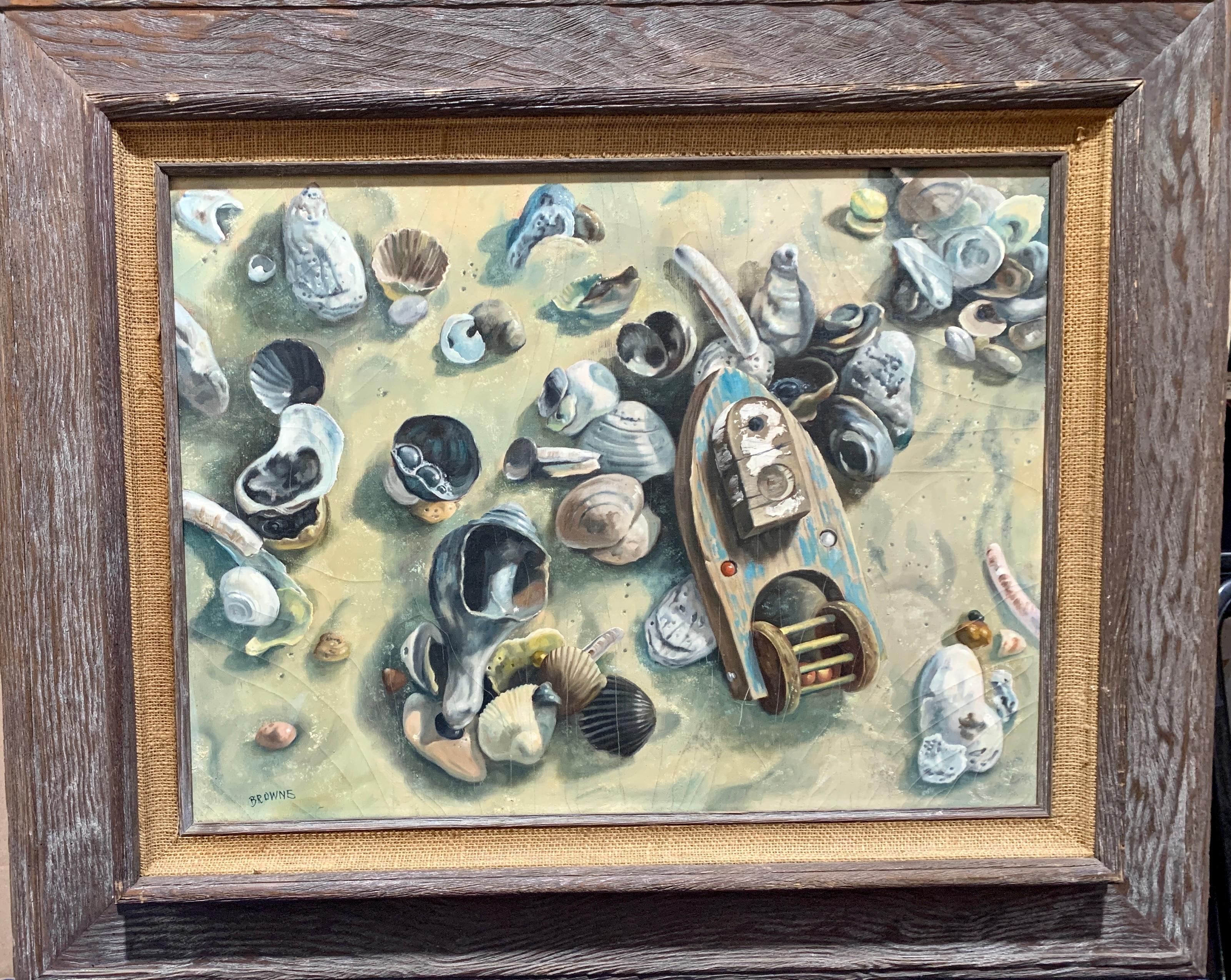 Still-Life Painting Unknown - Peinture à l'huile américaine, nature morte de coquillages de mer, fin du XXe siècle