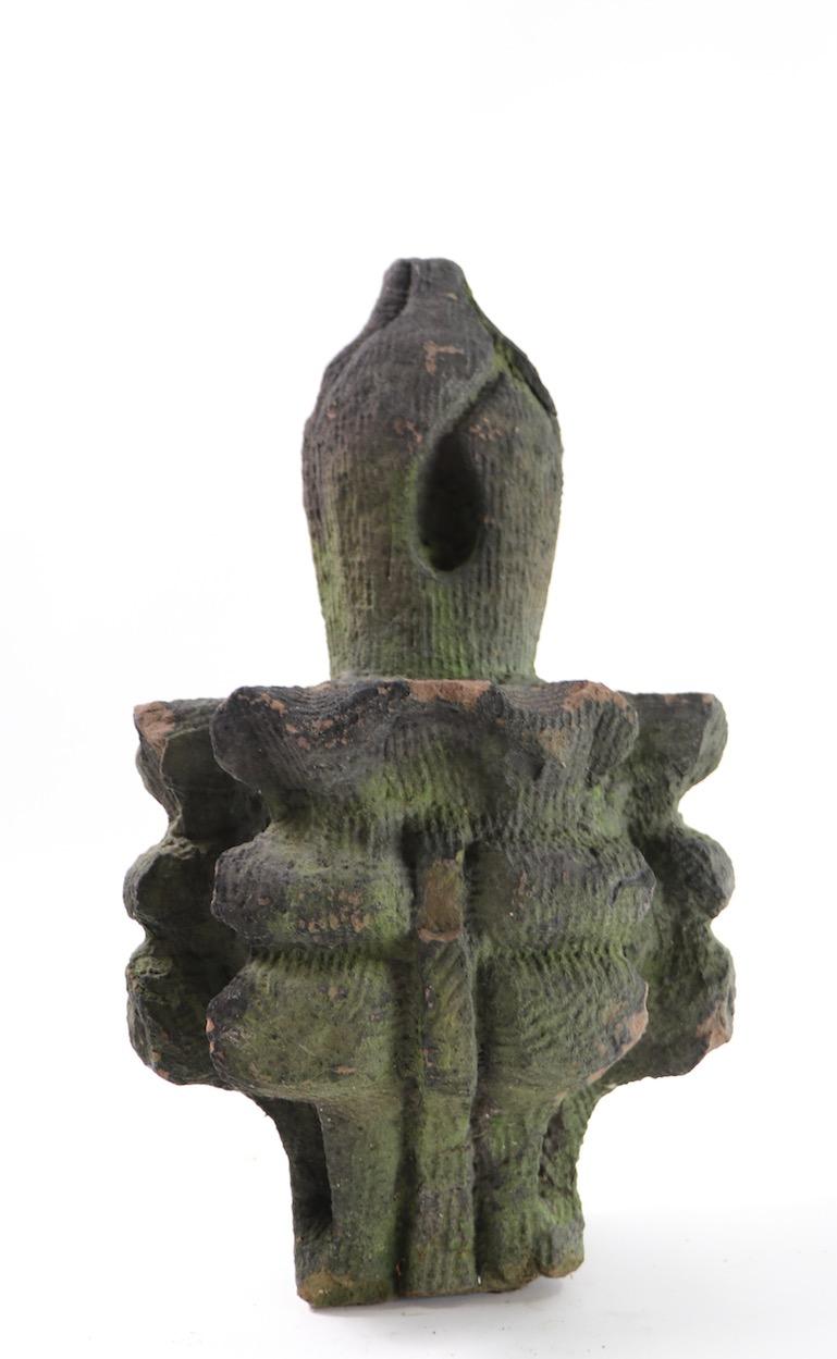 Architectural building fragment of carved brownstone, with moss finish. Great accent piece, freestanding, suitable for indoor or outdoor use. This sculptural architectural item displays character and style.