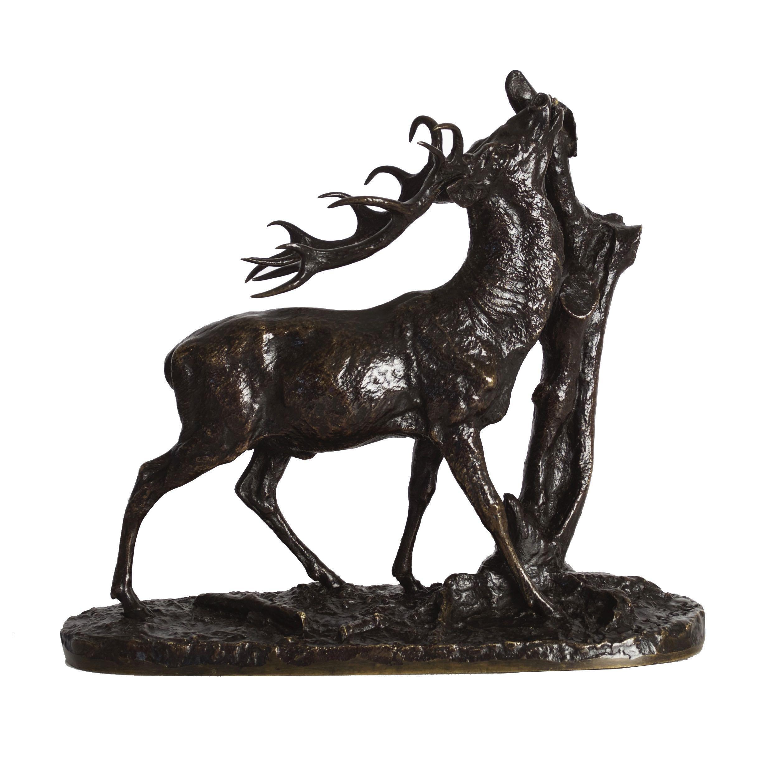 Français Sculpture française ancienne en bronze 1843 « Browsing Stag » de Pierre Jules Mene en vente