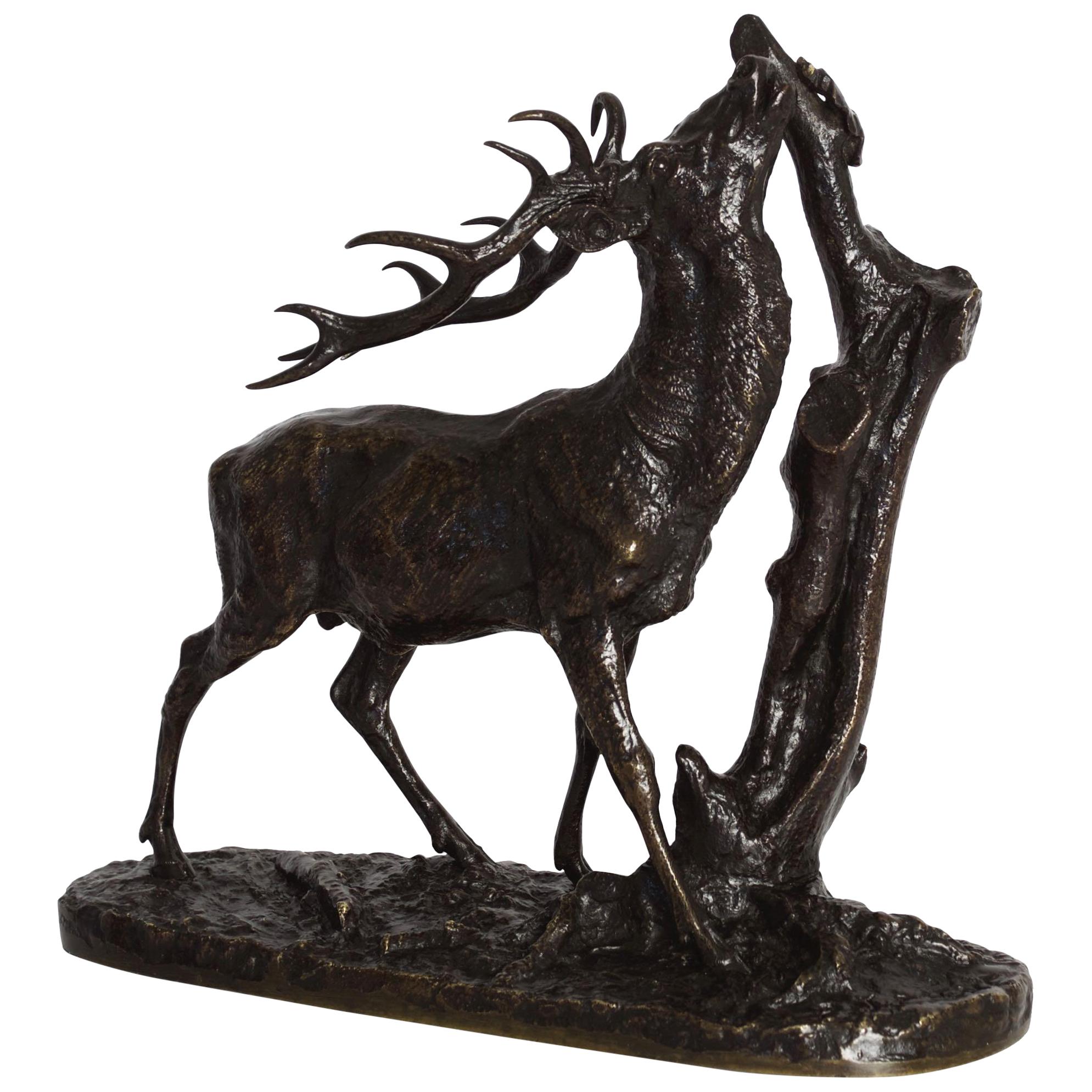 “Browsing Stag” 1843 Antique French Bronze Sculpture by Pierre Jules Mene For Sale