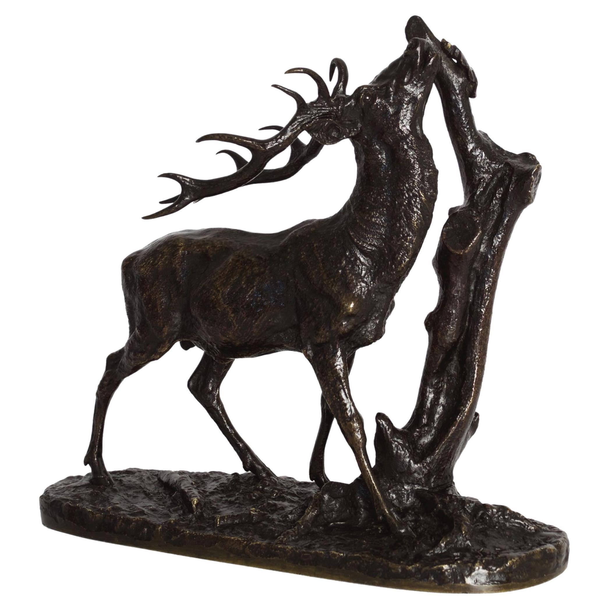 “Browsing Stag” 1843 Antique French Bronze Sculpture by Pierre Jules Mene For Sale
