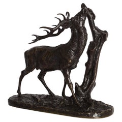 “Browsing Stag” 1843 Antique French Bronze Sculpture by Pierre Jules Mene