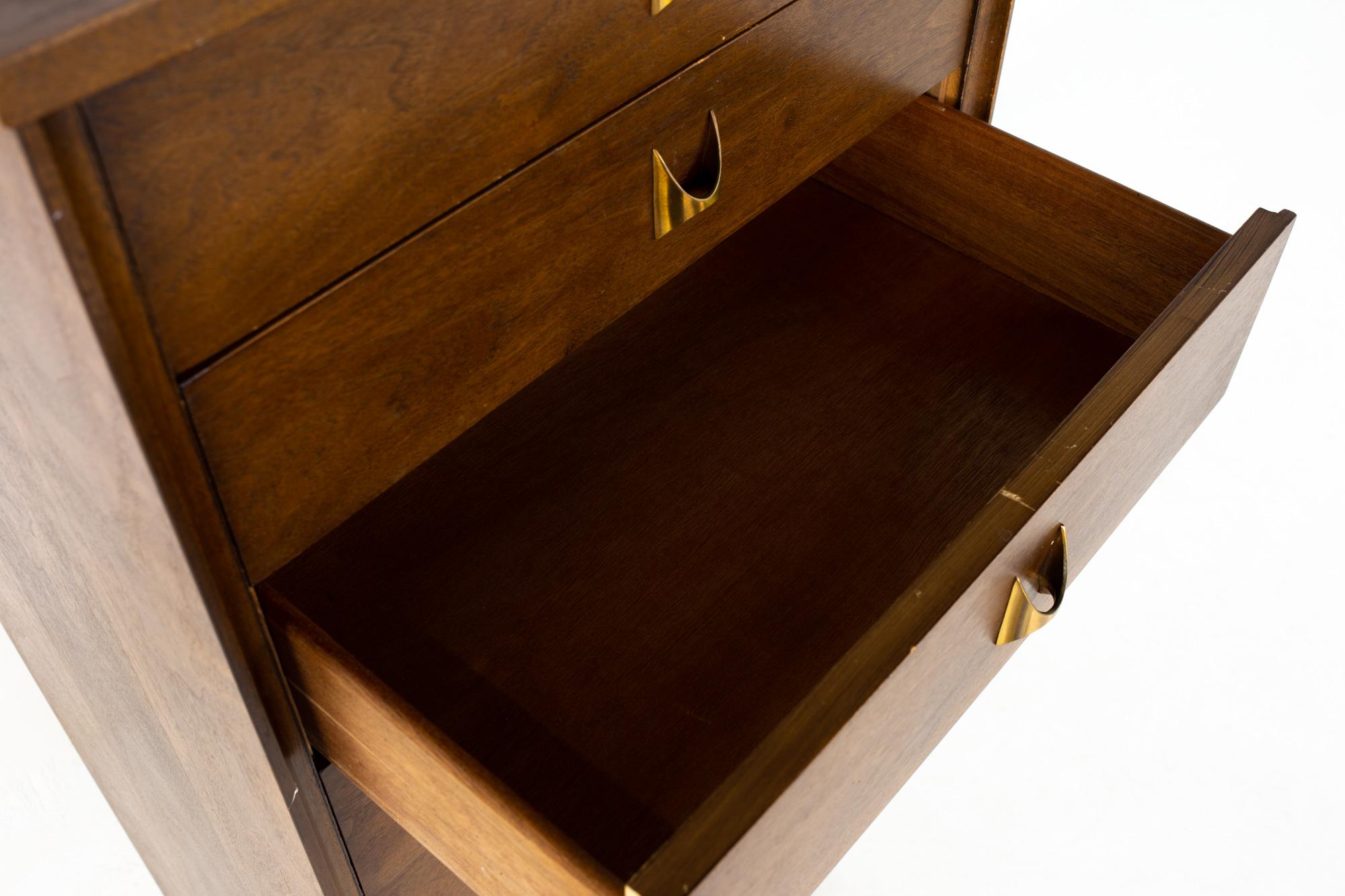 Late 20th Century Broyhill Brasilia Brutalist Mid Century Walnut and Brass Lingerie Chest