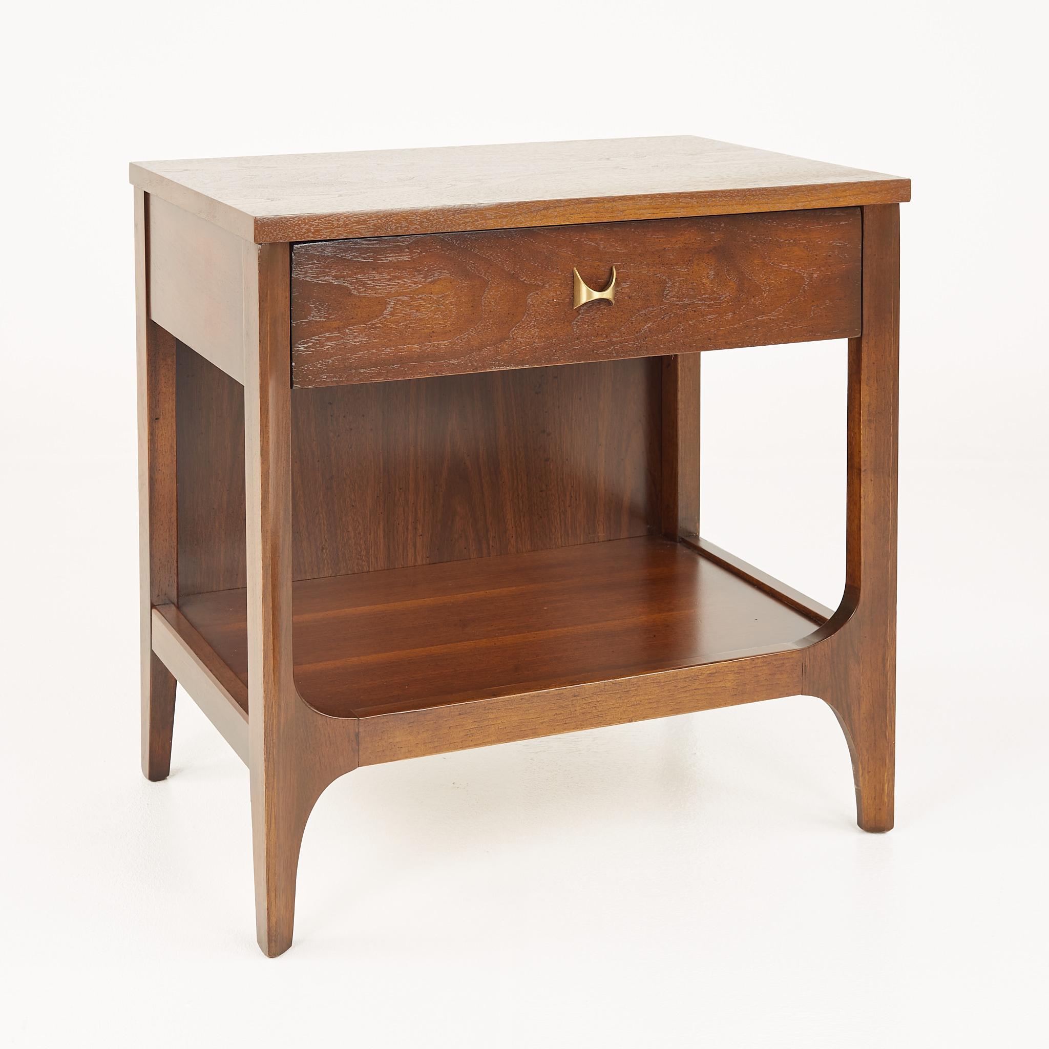 American Broyhill Brasilia Brutalist Mid Century Walnut Nightstands, Pair