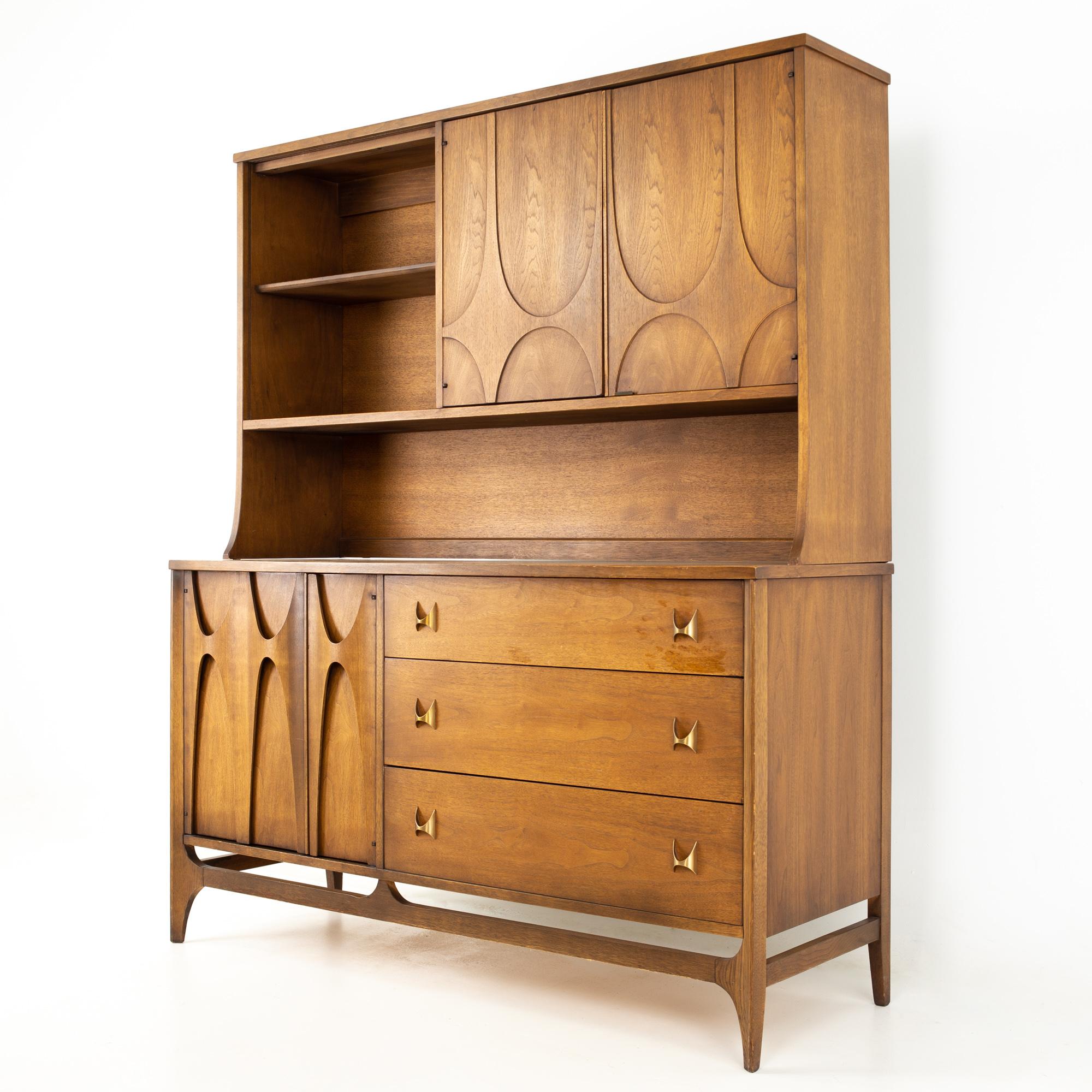 Broyhill Brasilia Brutalist midcentury walnut sideboard credenza buffet and hutch
Buffet and hutch measures: 54 wide x 19 deep x 65 inches high

All pieces of furniture can be had in what we call restored vintage condition. That means the piece