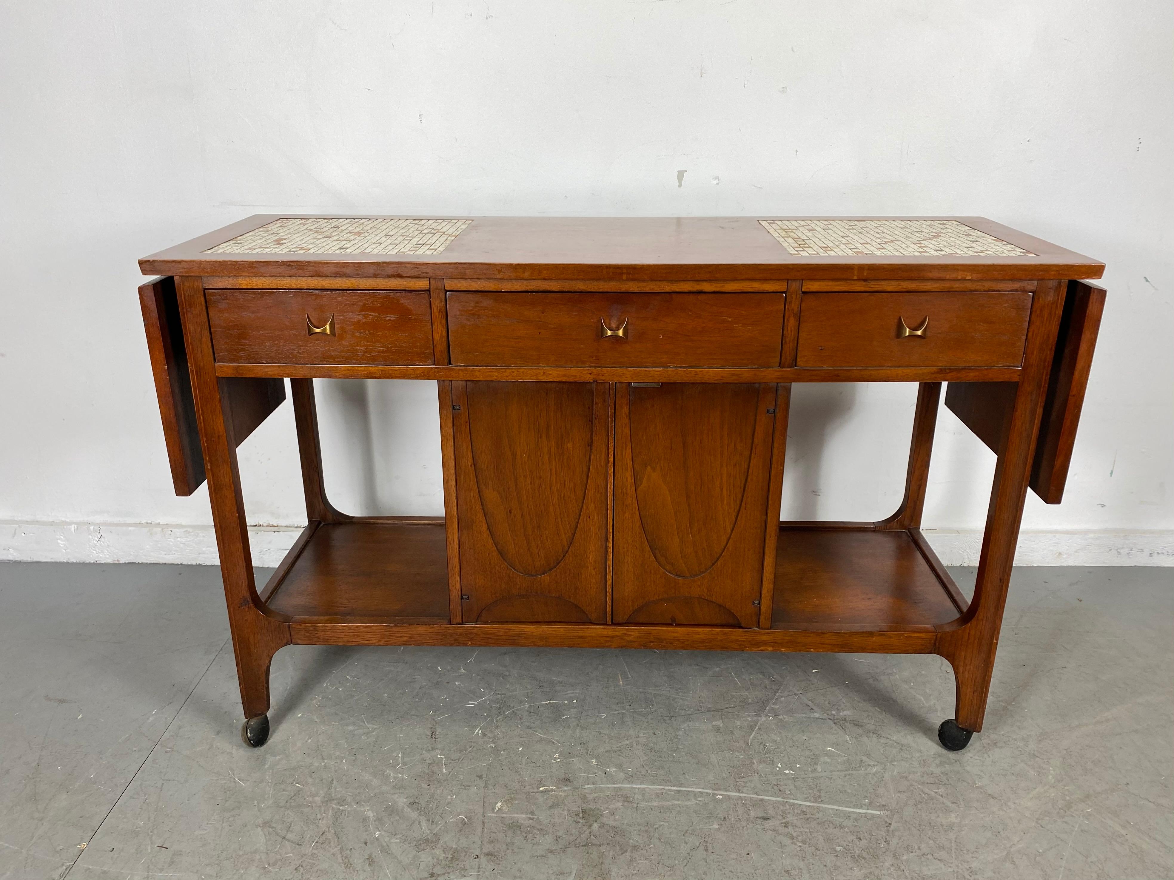 Broyhill Brasilia Drop Leaf Tile Top Bar Cart /Console Server Mid-Century Modern 2