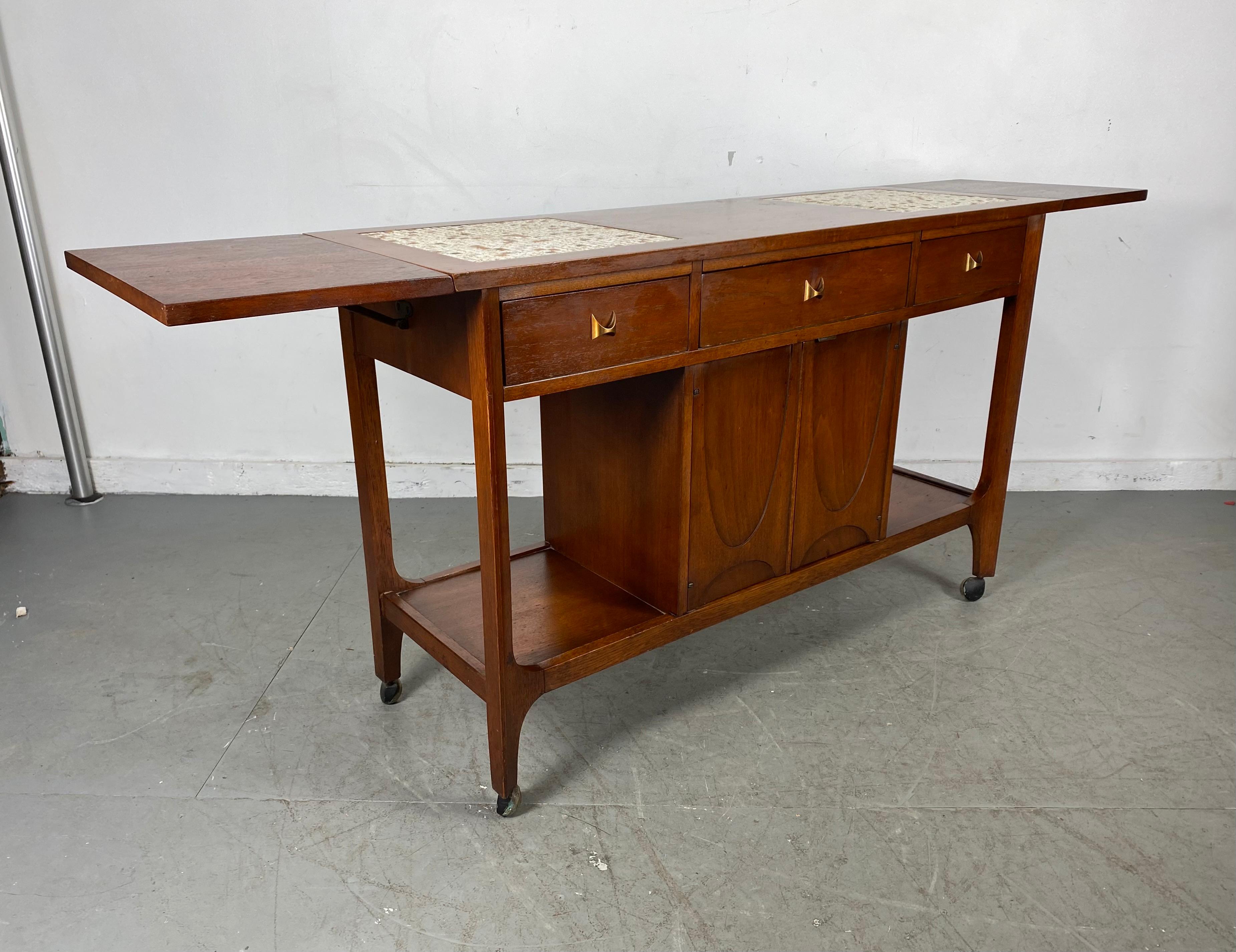 North American Broyhill Brasilia Drop Leaf Tile Top Bar Cart /Console Server Mid-Century Modern