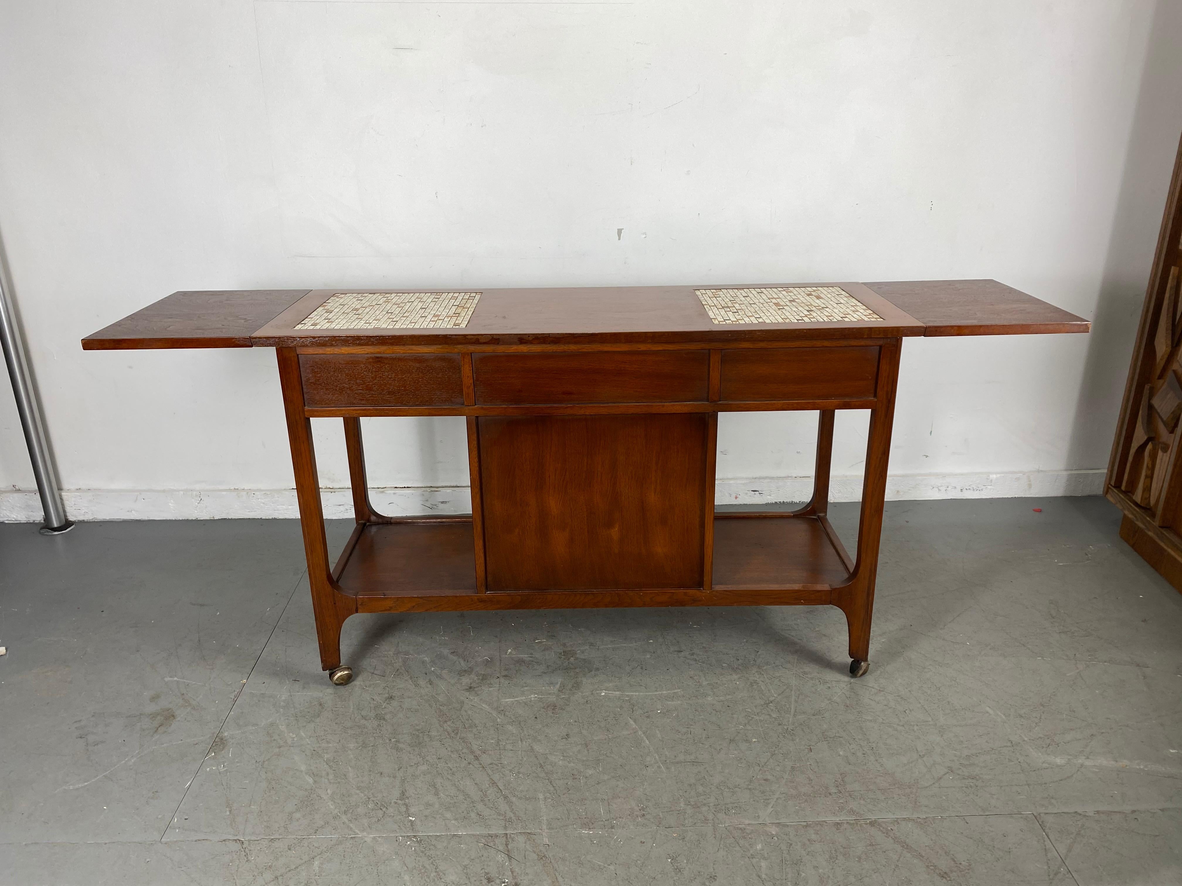 Mosaic Broyhill Brasilia Drop Leaf Tile Top Bar Cart /Console Server Mid-Century Modern