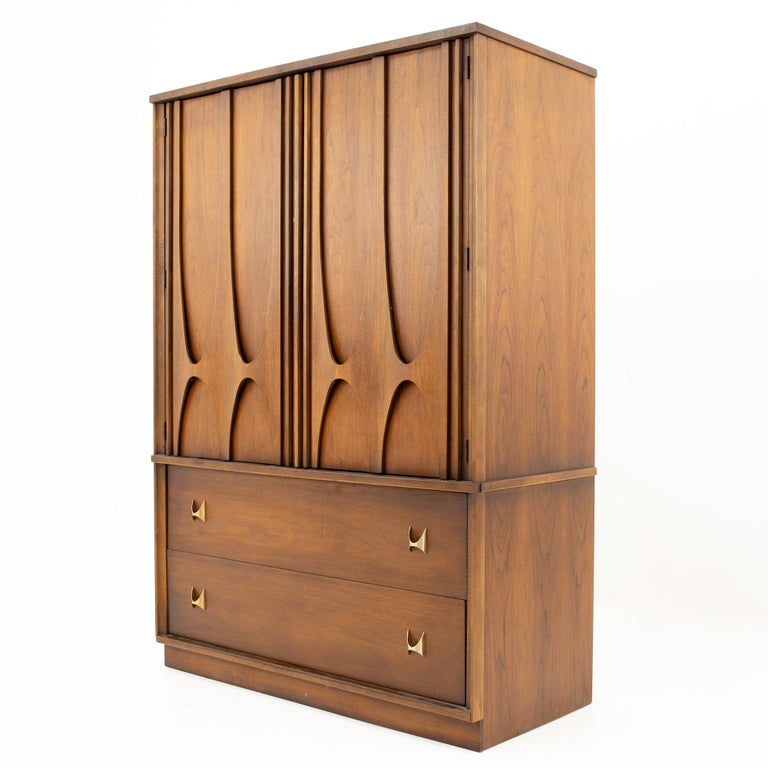 Broyhill Brasilia II Brutalist MCM Walnut and Brass Armoire Gentleman's
