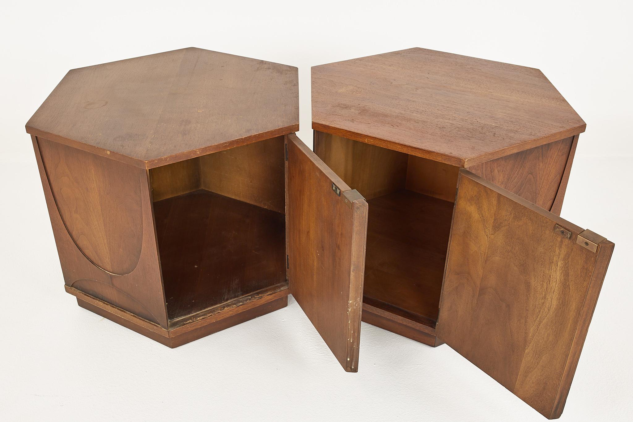 Broyhill Brasilia Mid Century Hexagon Side End Table Cabinet - Pair 3