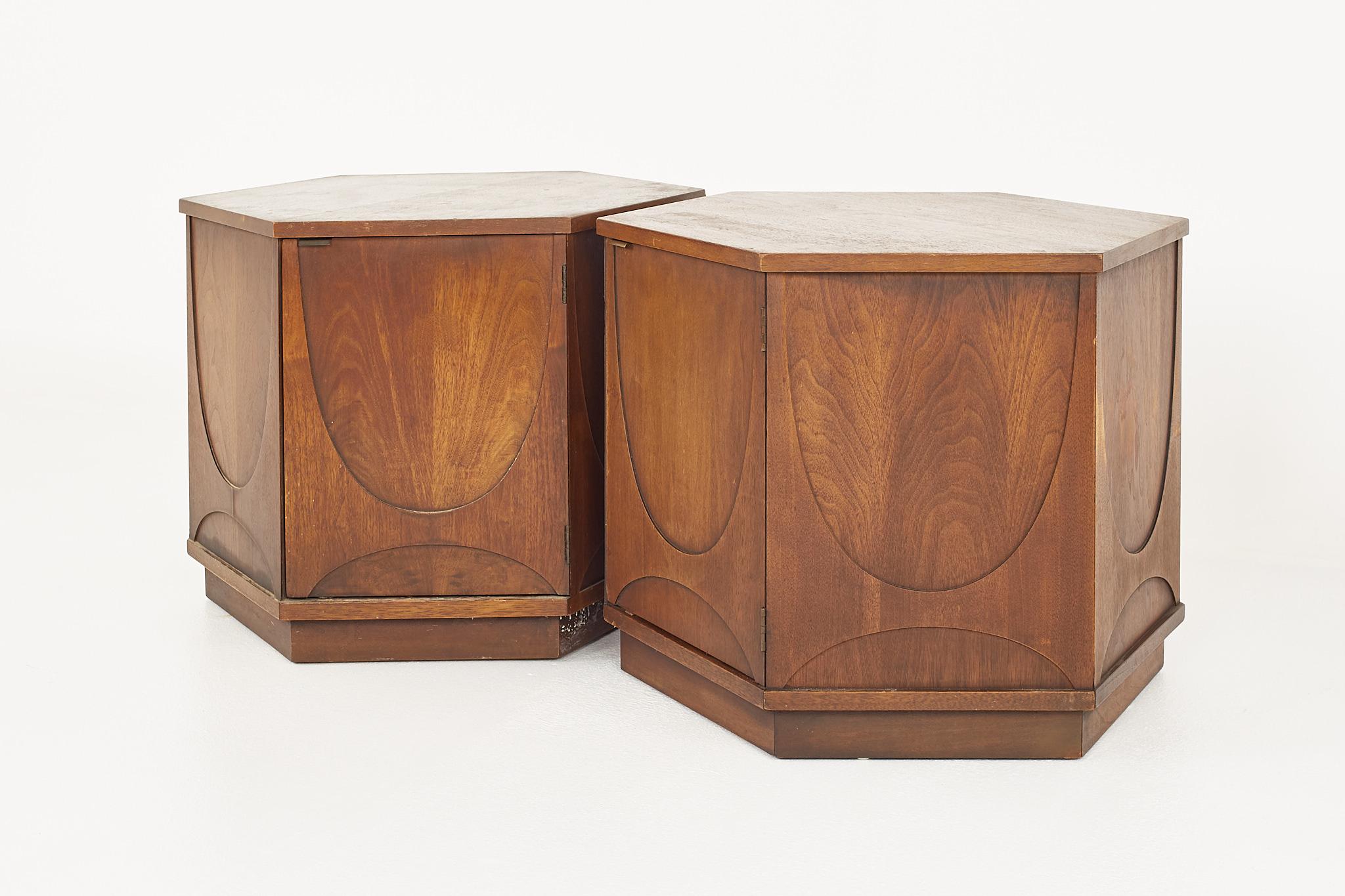 Mid-Century Modern Broyhill Brasilia Mid Century Hexagon Side End Table Cabinet - Pair