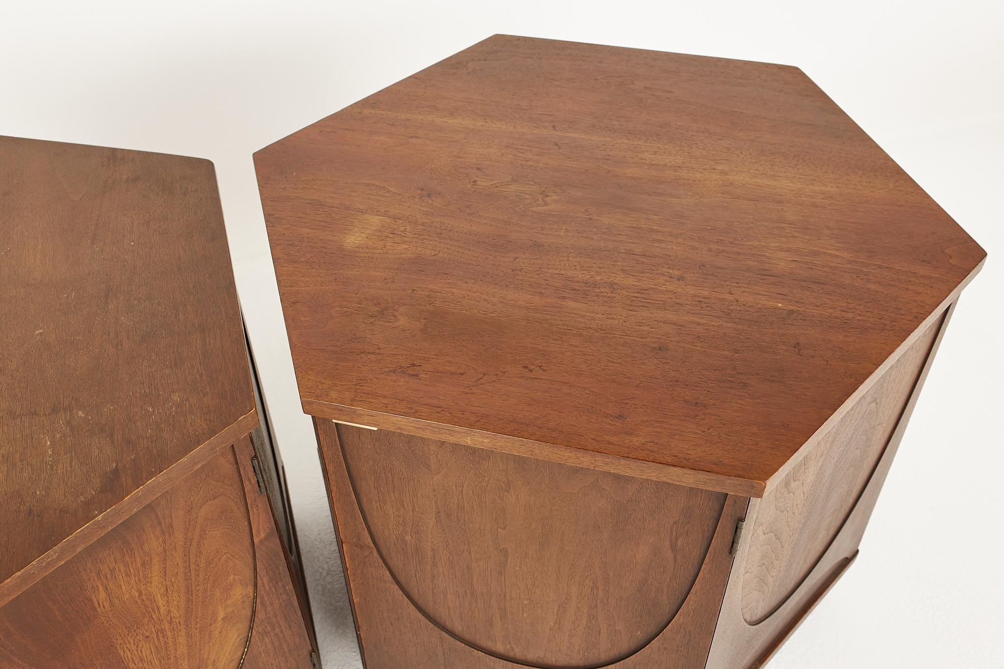 Wood Broyhill Brasilia Mid Century Hexagon Side End Table Cabinet - Pair