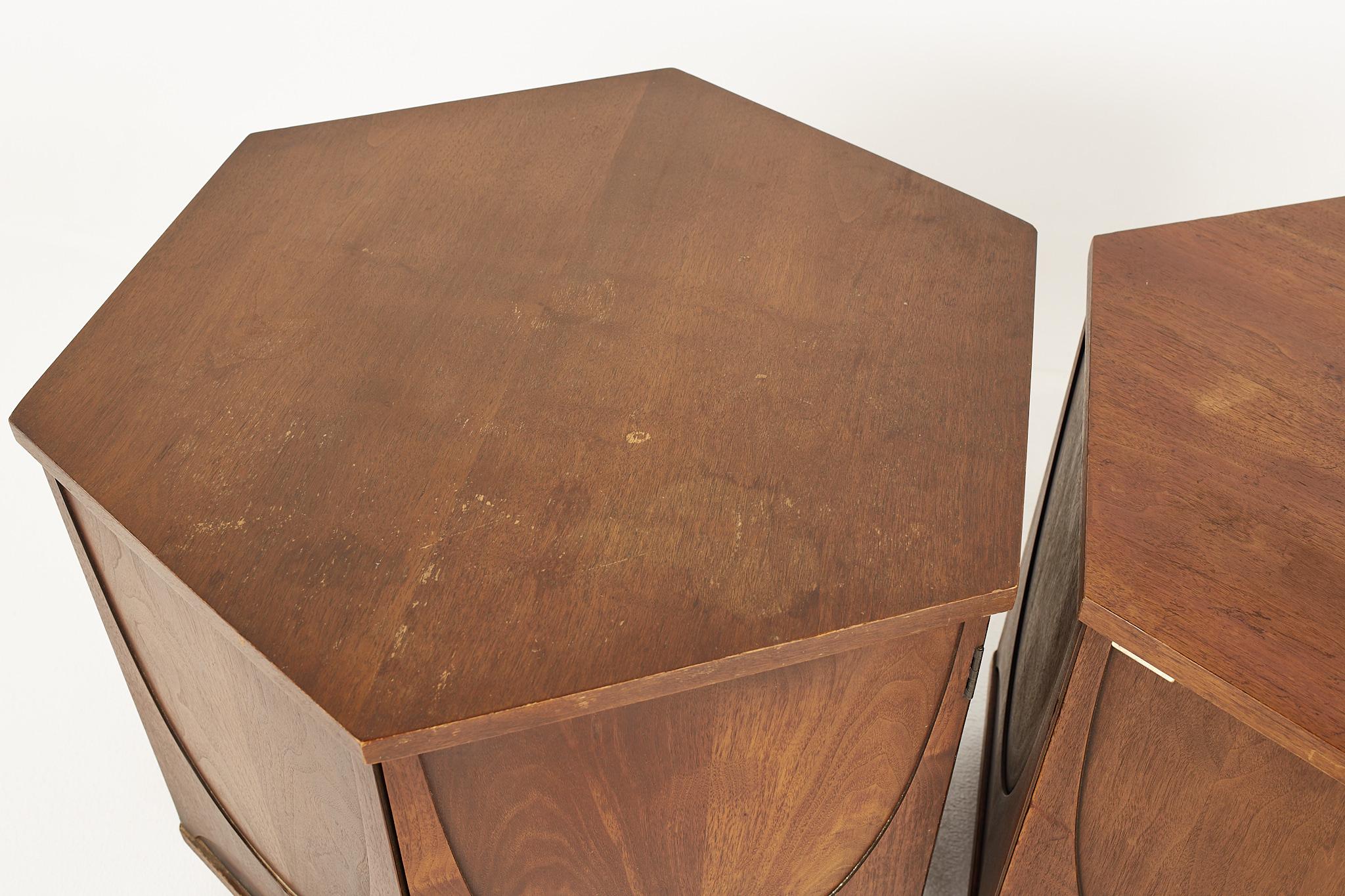 Broyhill Brasilia Mid Century Hexagon Side End Table Cabinet - Pair 1