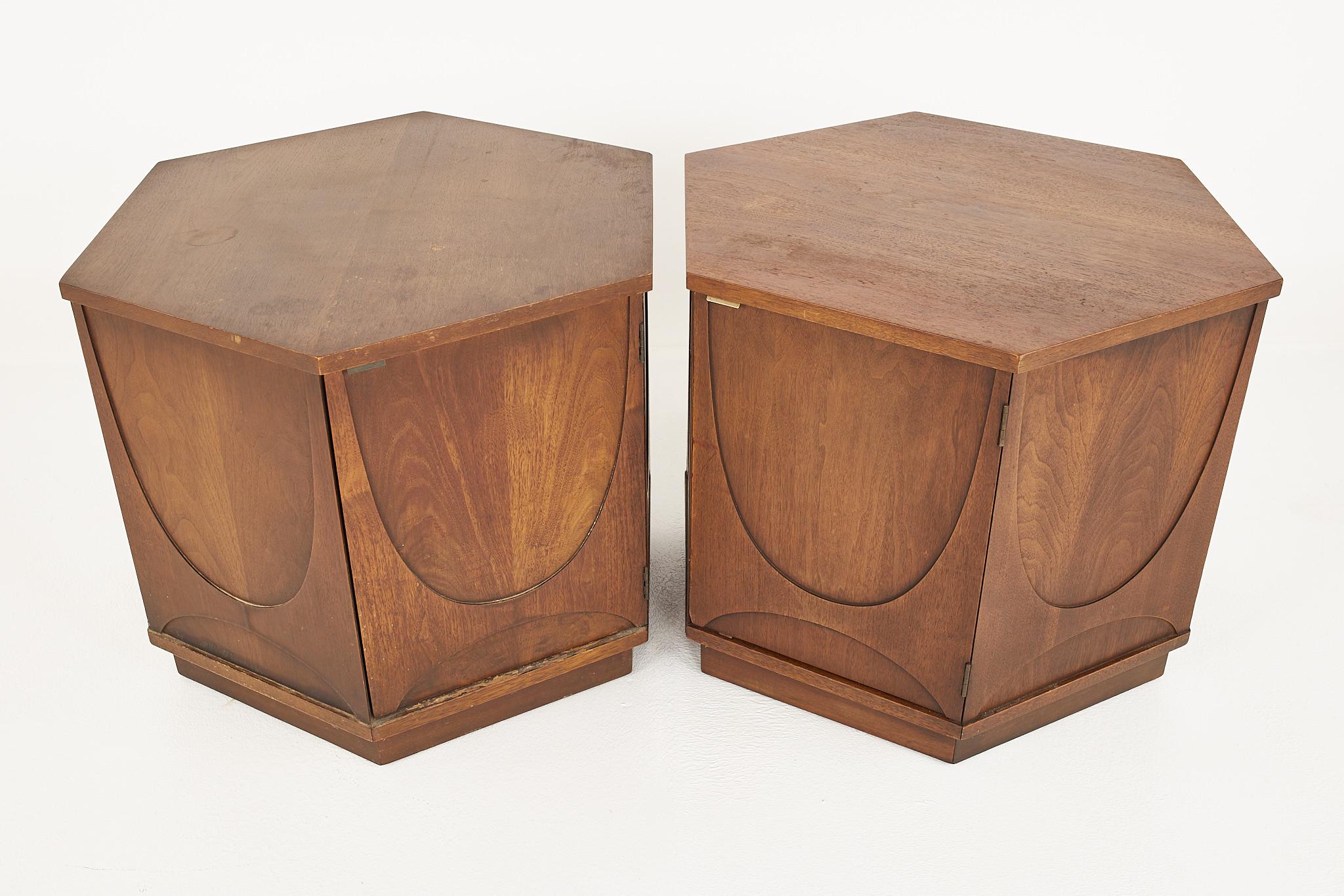 Broyhill Brasilia Mid Century Hexagon Side End Table Cabinet - Pair 2