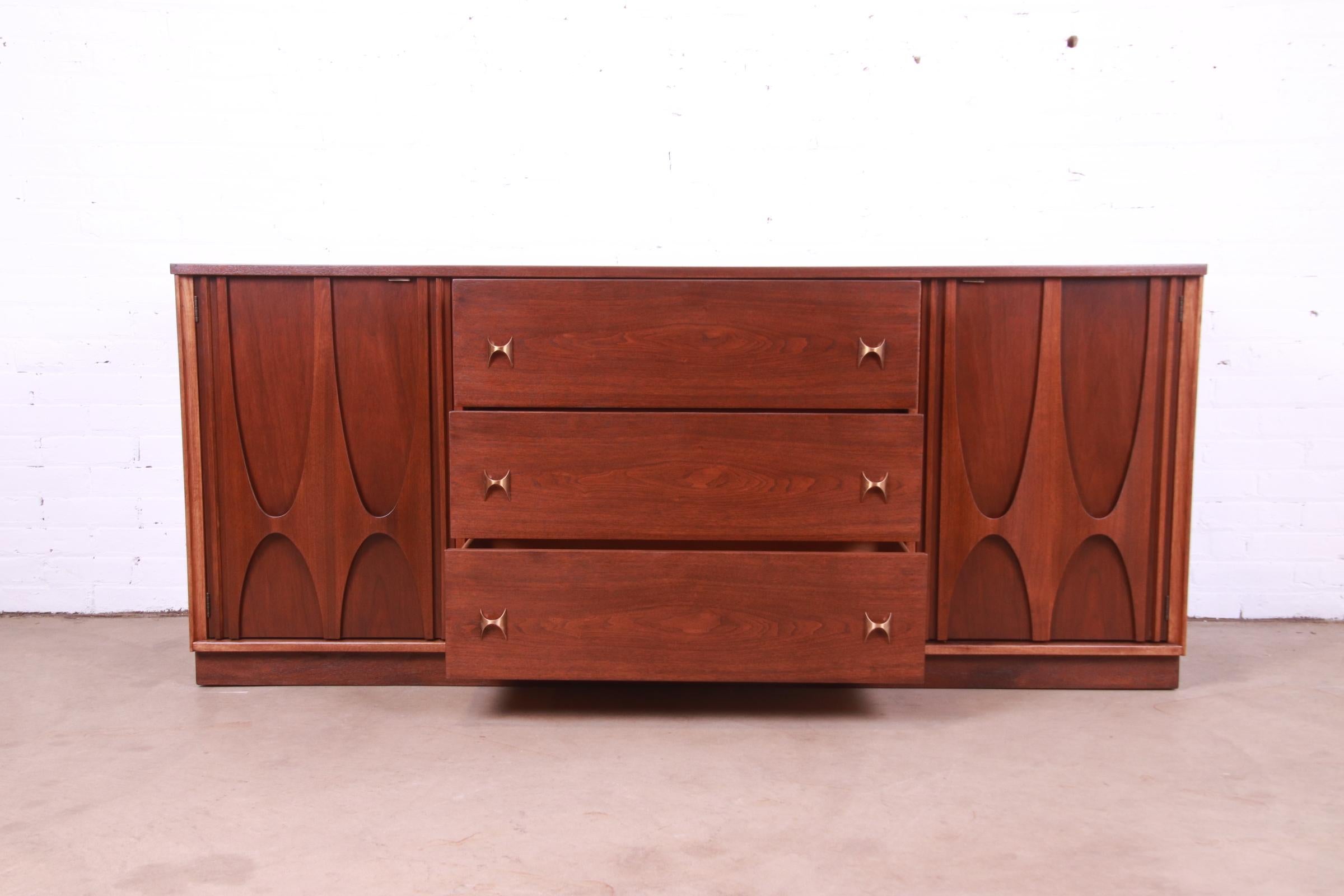 Brass Broyhill Brasilia Mid-Century Modern Sculpted Walnut Dresser or Credenza, 1960s