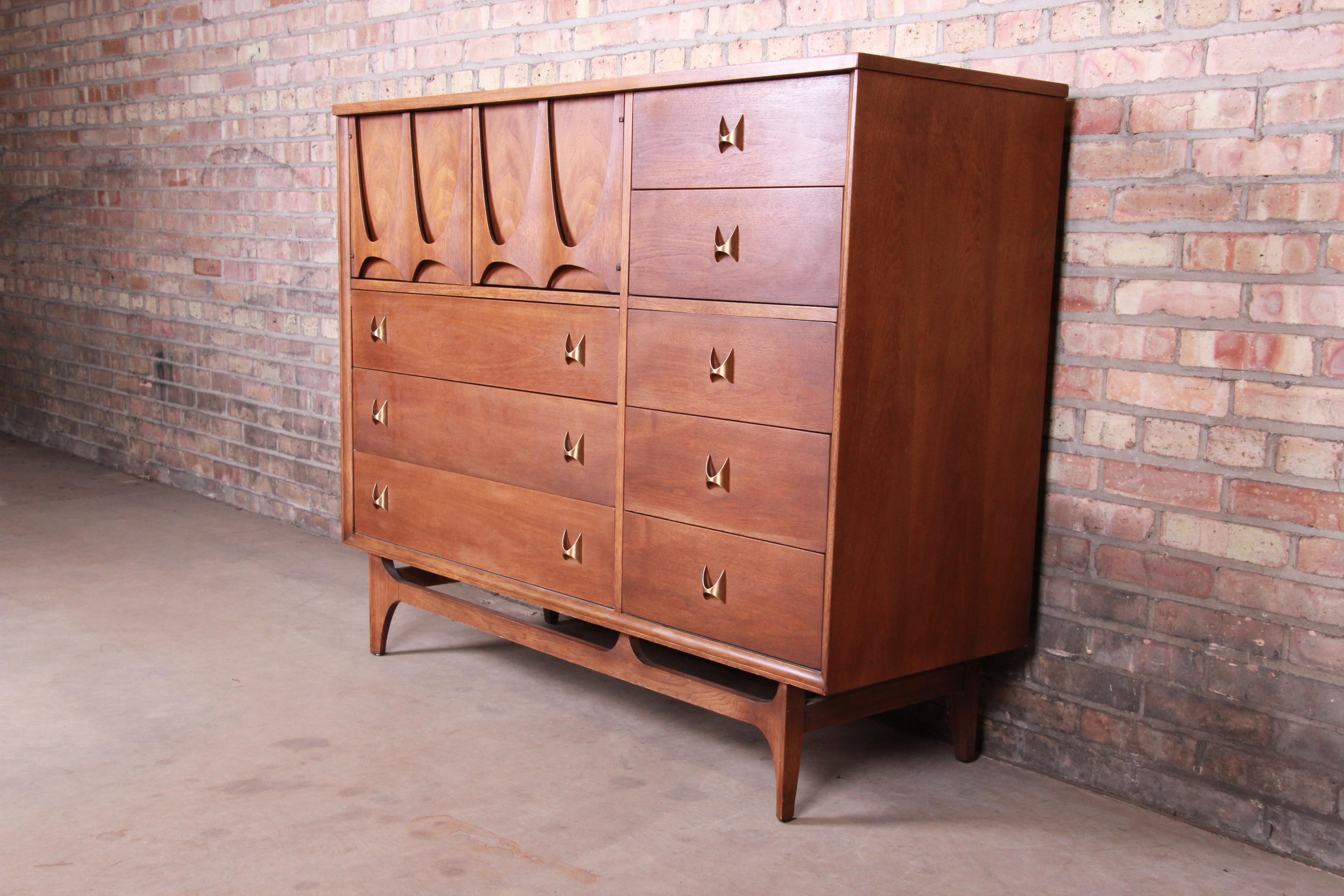 American Broyhill Brasilia Mid-Century Modern Sculpted Walnut Magna Dresser Chest, 1962