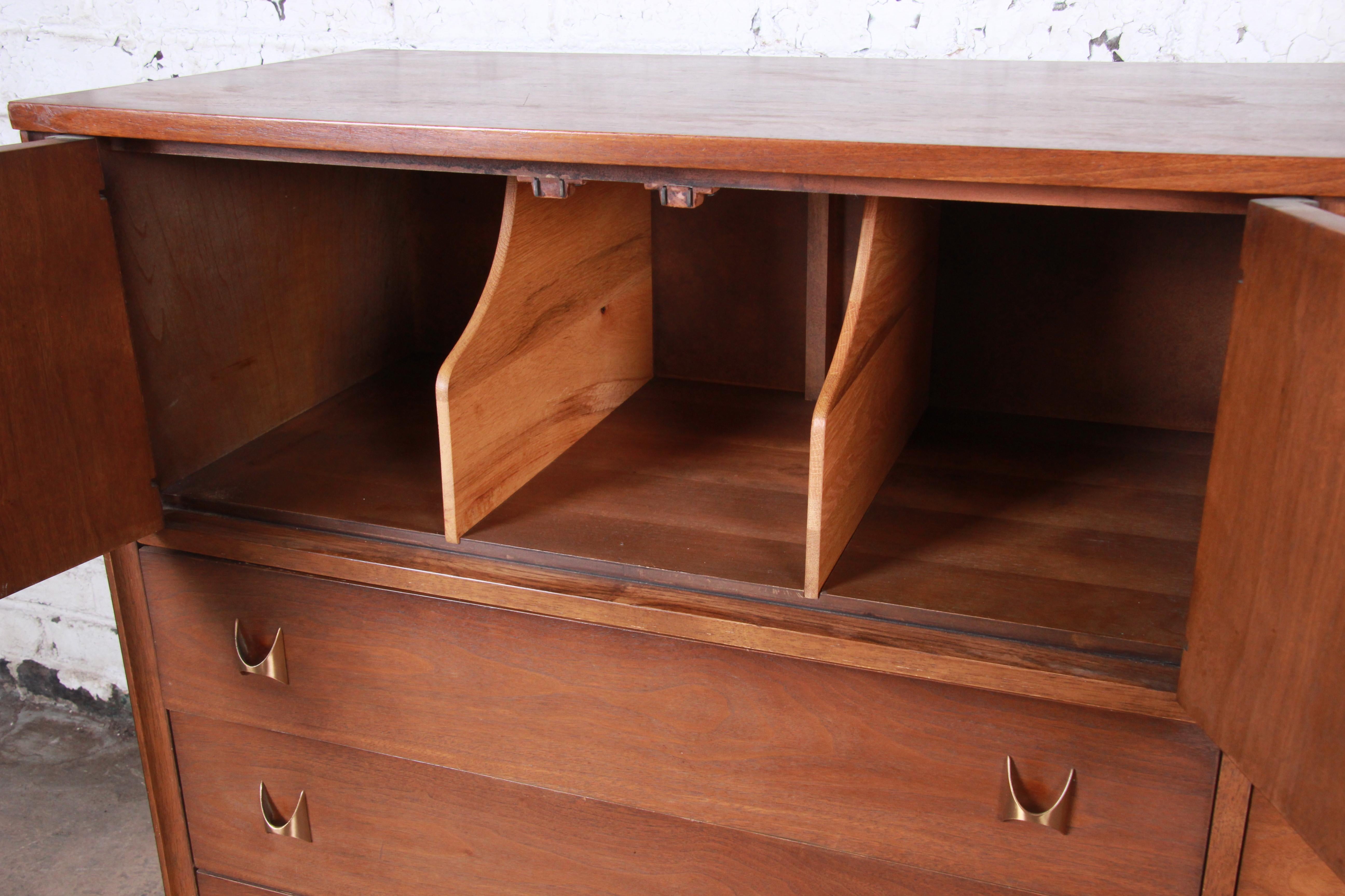 Brass Broyhill Brasilia Mid-Century Modern Sculpted Walnut Magna Dresser Chest, 1964