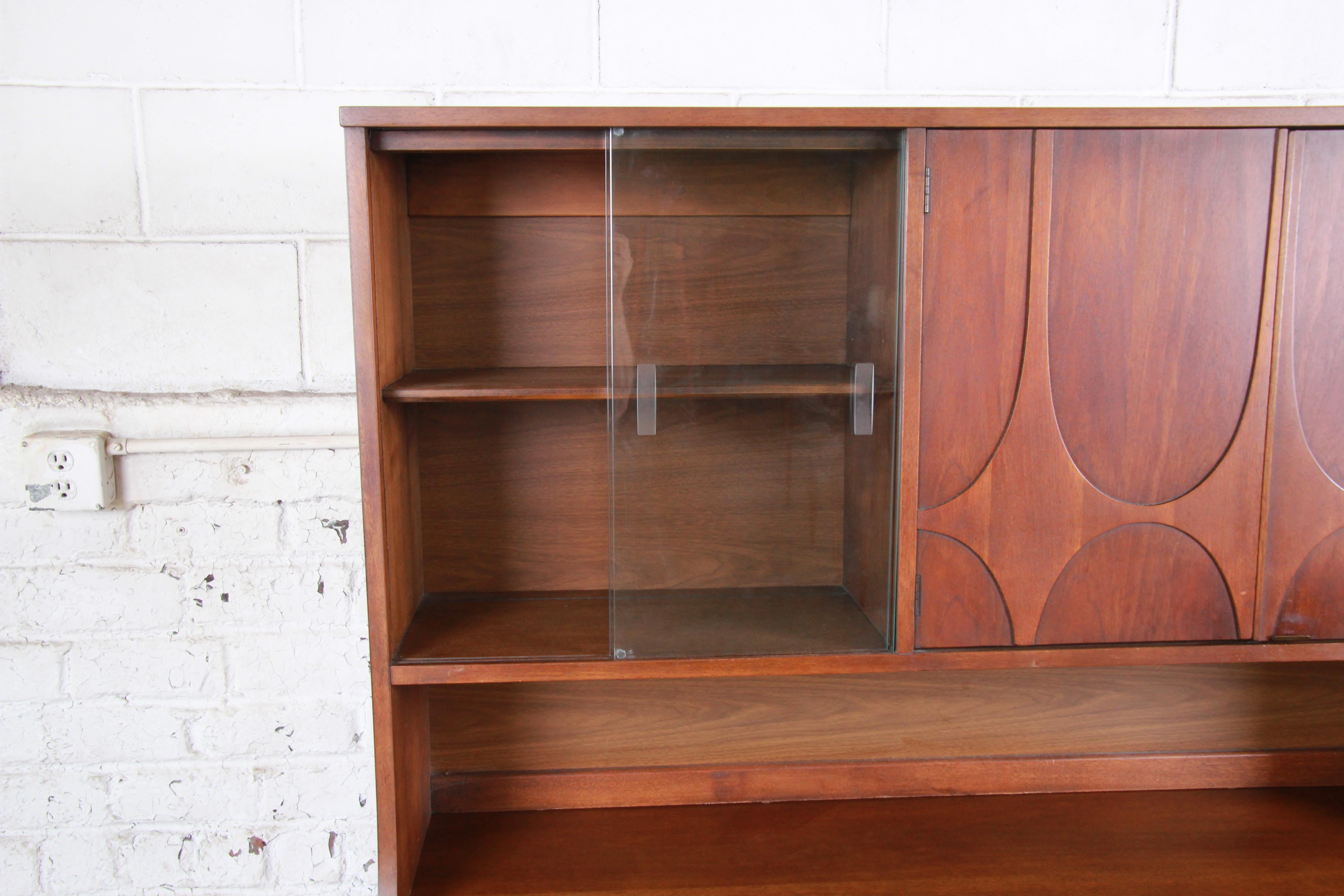 American Broyhill Brasilia Mid-Century Modern Sculpted Walnut Sideboard With Hutch