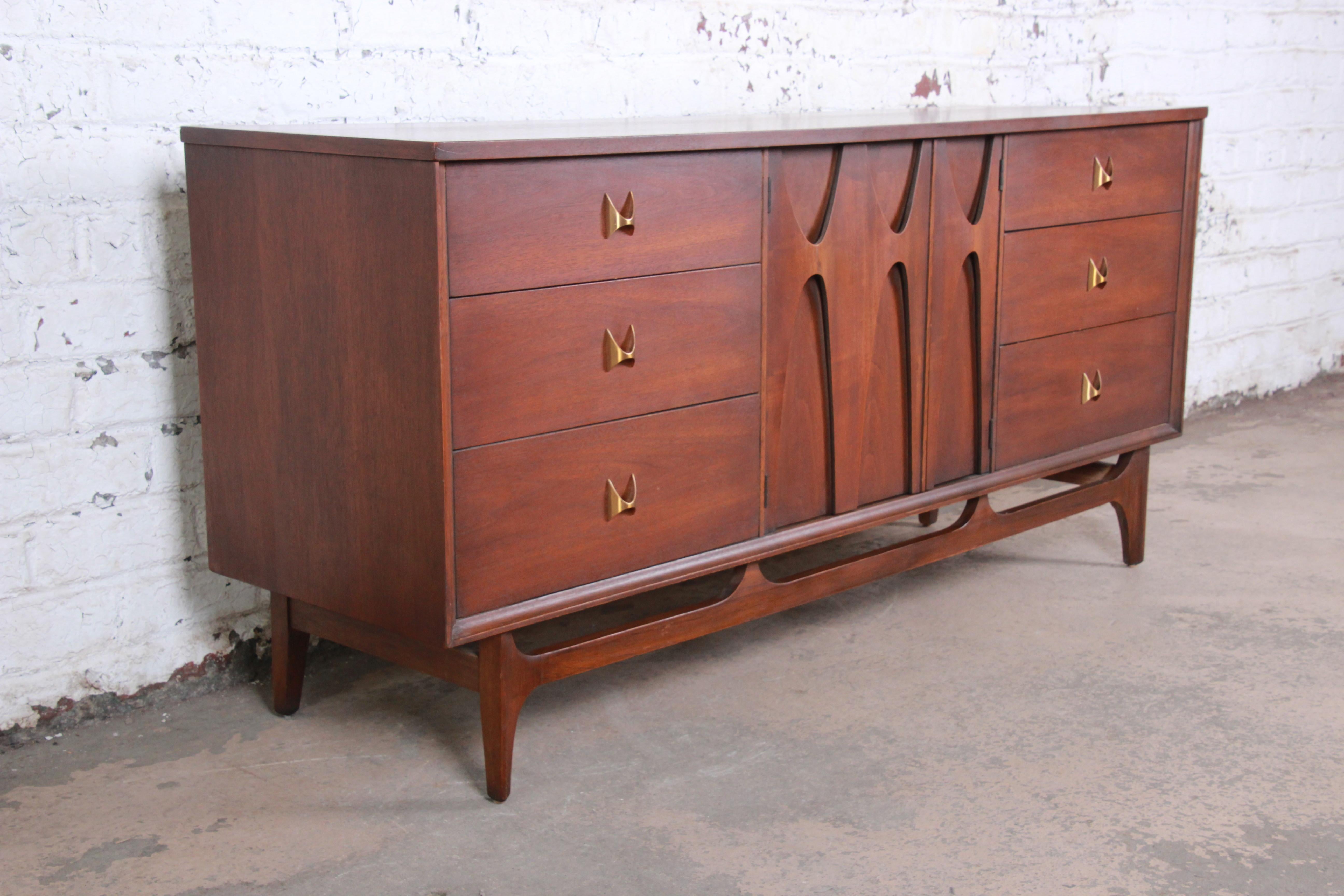 American Broyhill Brasilia Mid-Century Modern Sculpted Walnut Triple Dresser or Credenza