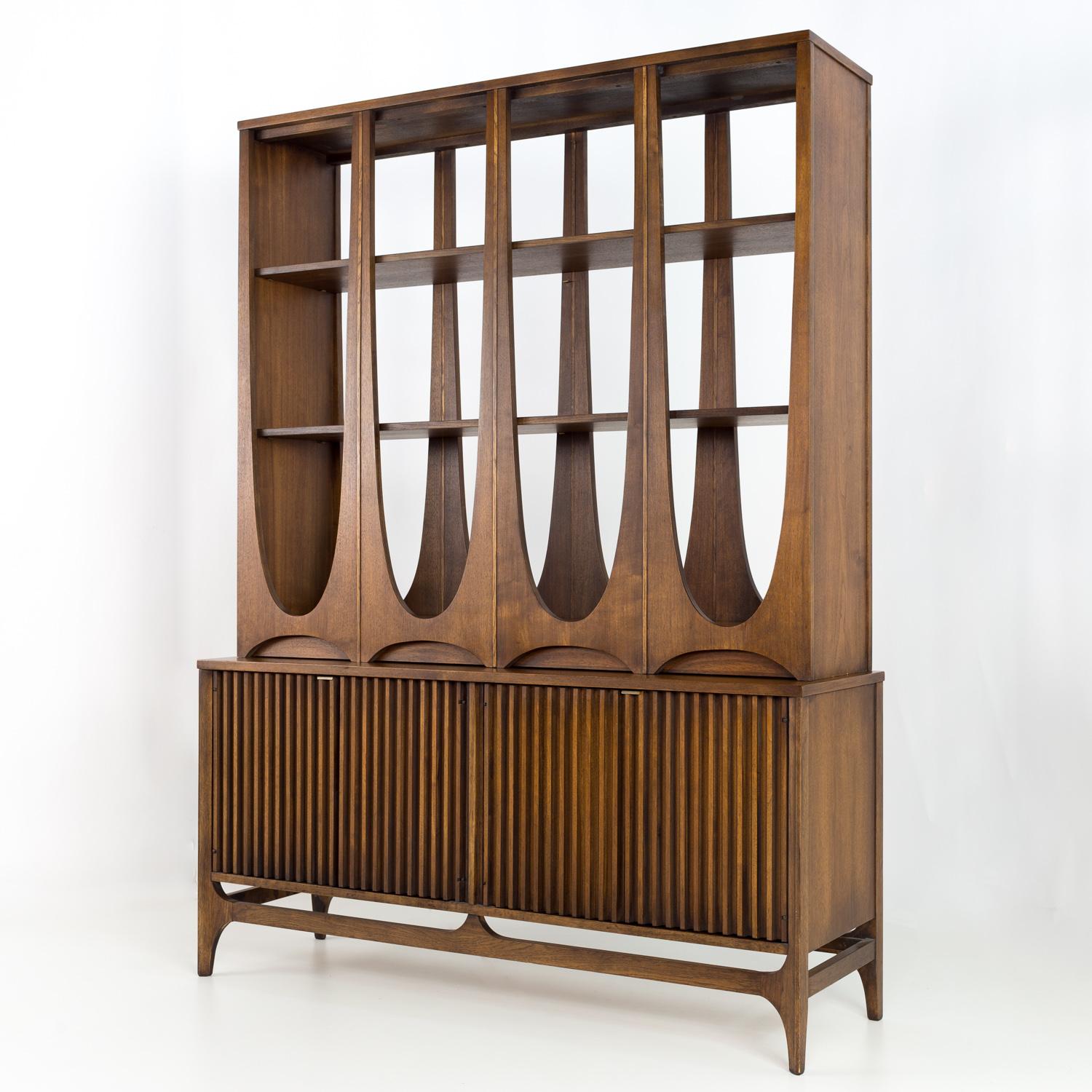 Broyhill Brasilia mid century room divider wall unit shelving

Base is 54 wide x 17 deep x 26.5 inches high and top is 52 wide x 13.5 deep x 46 inches high
Overall measurements are 54 wide x 17 deep x 72.5 inches high

All pieces of furniture